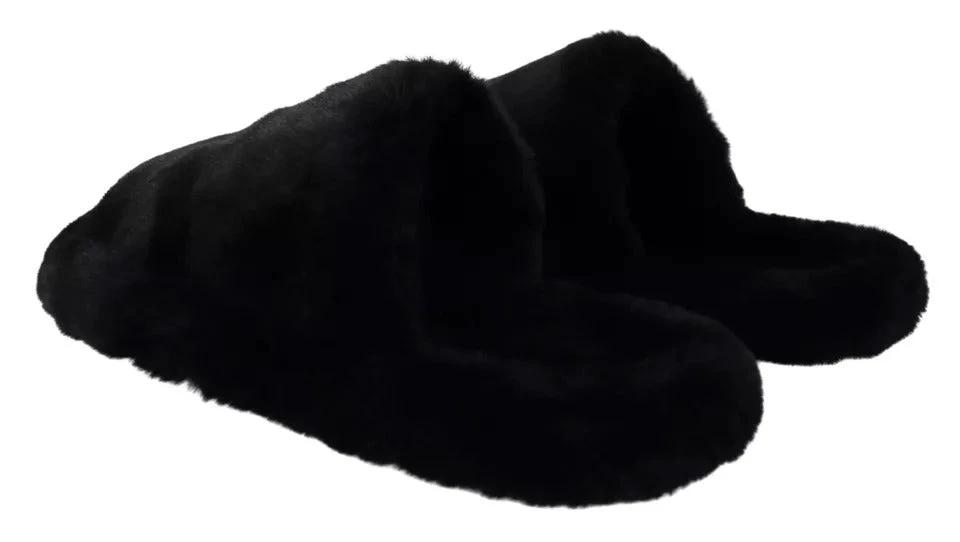 Dolce & Gabbana Black Polyester Faux Fur Mens Flats Sandals Shoes by Dolce & Gabbana