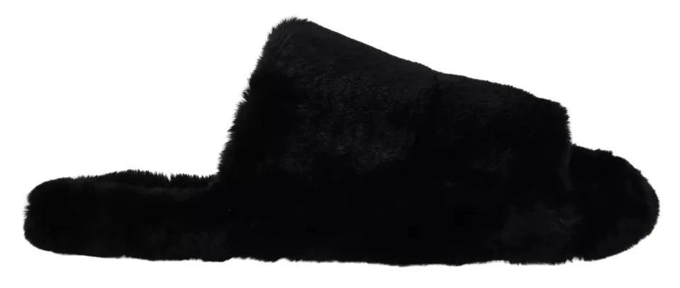 Dolce & Gabbana Black Polyester Faux Fur Mens Flats Sandals Shoes by Dolce & Gabbana