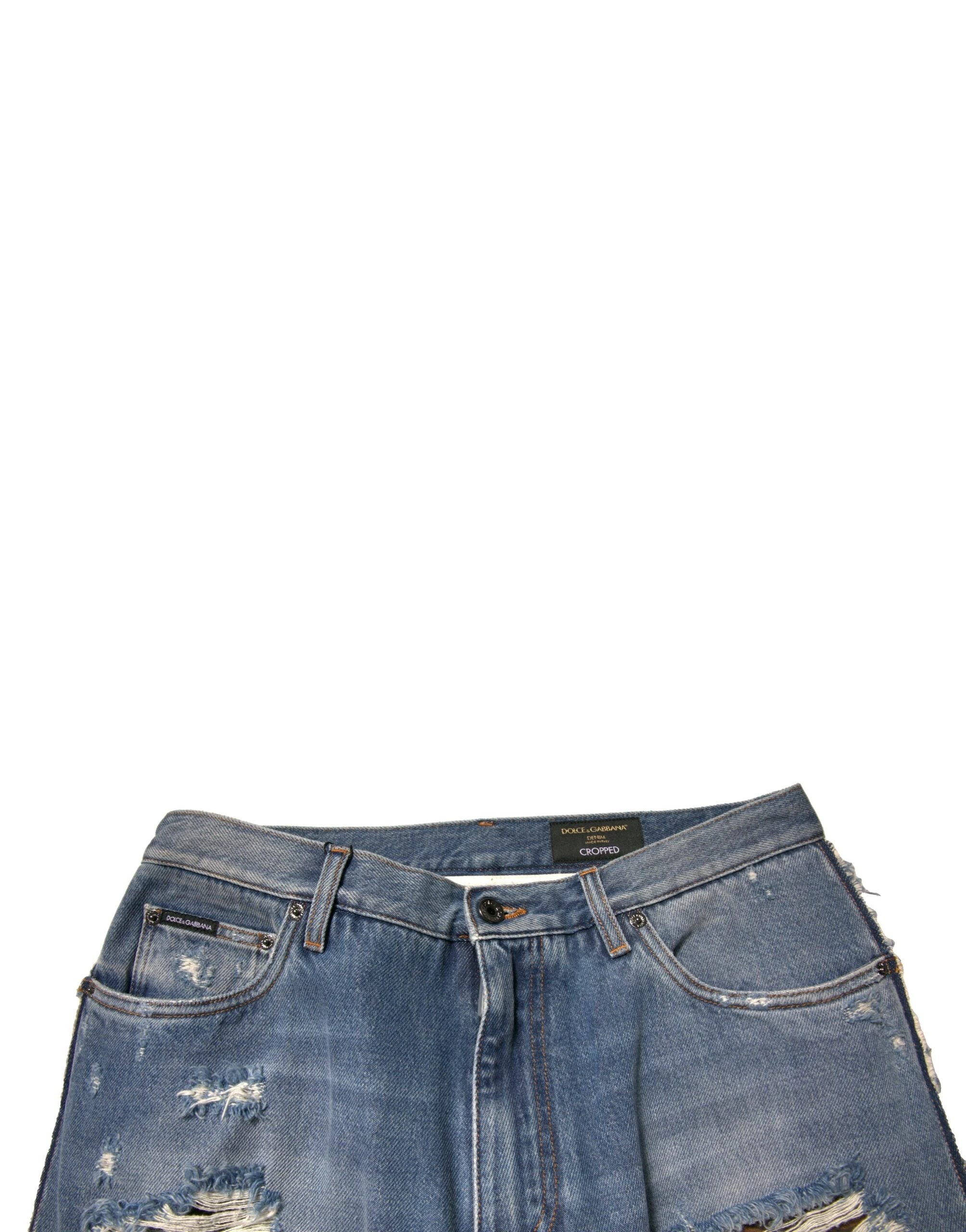 Dolce & Gabbana Blue Tattered Straight Cropped Denim Jeans by Dolce & Gabbana