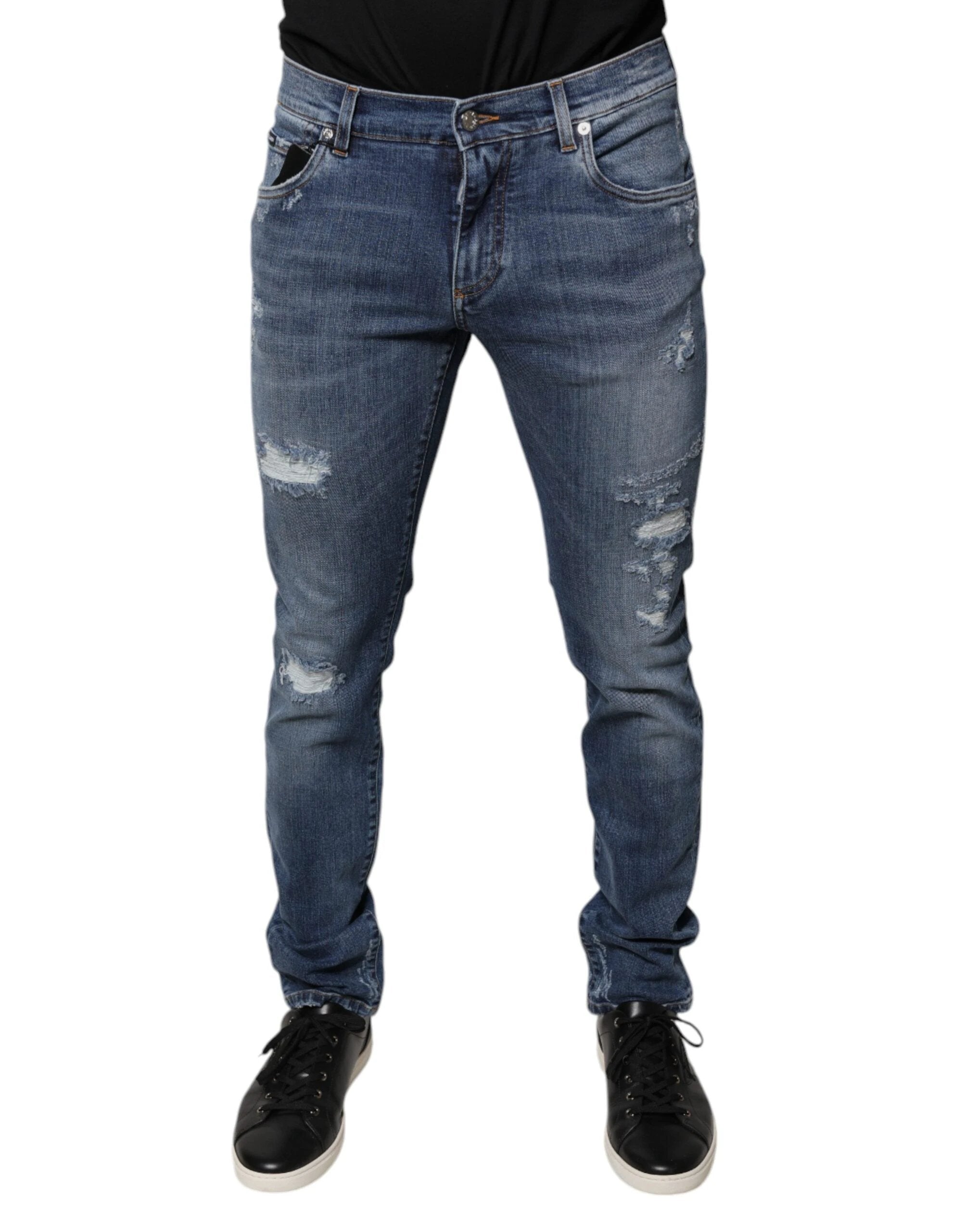 Dolce & Gabbana Blue Tattered Cotton Stretch Skinny Denim Jeans by Dolce & Gabbana