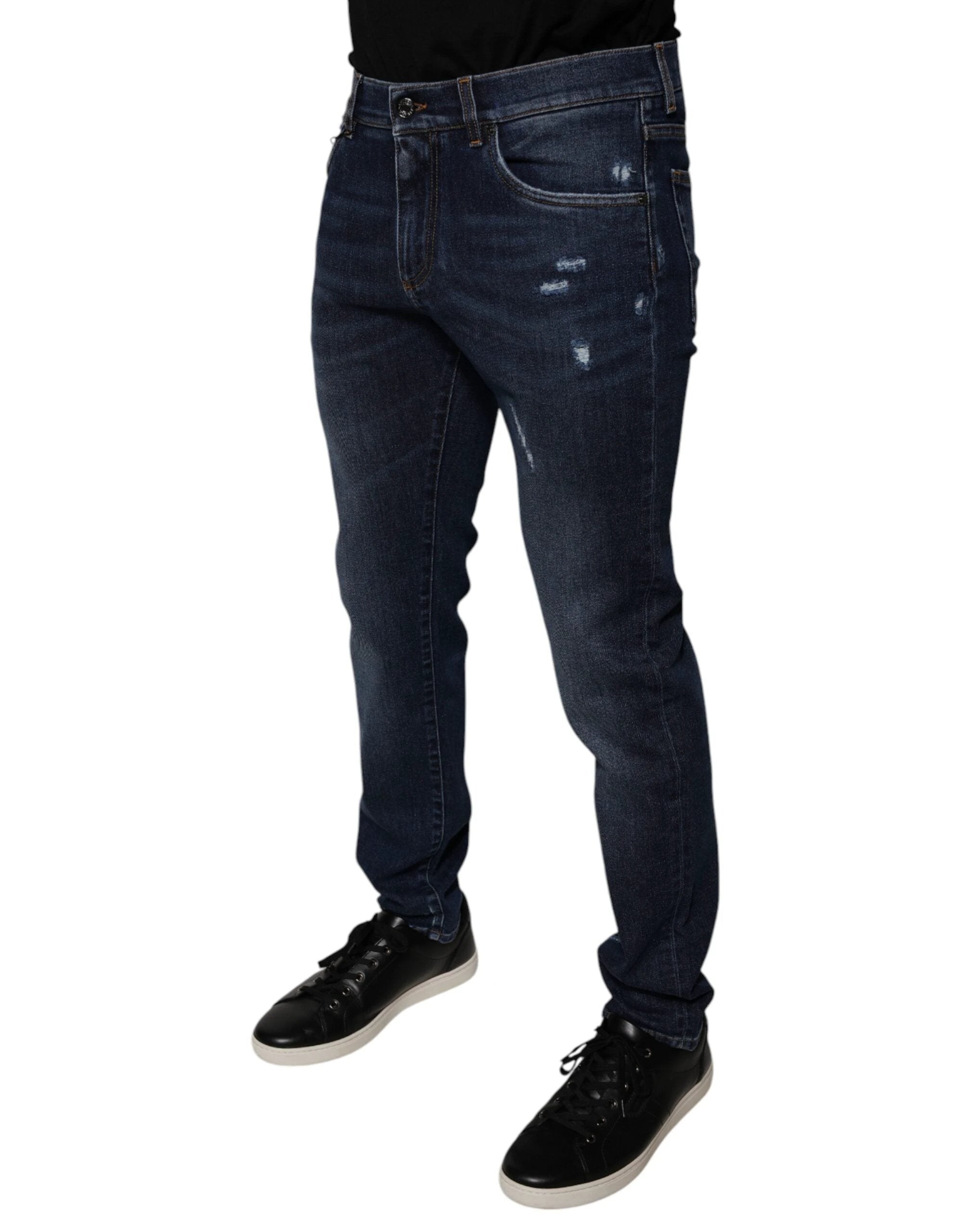 Dolce & Gabbana Dark Blue Cotton Logo Skinny Denim Jeans by Dolce & Gabbana