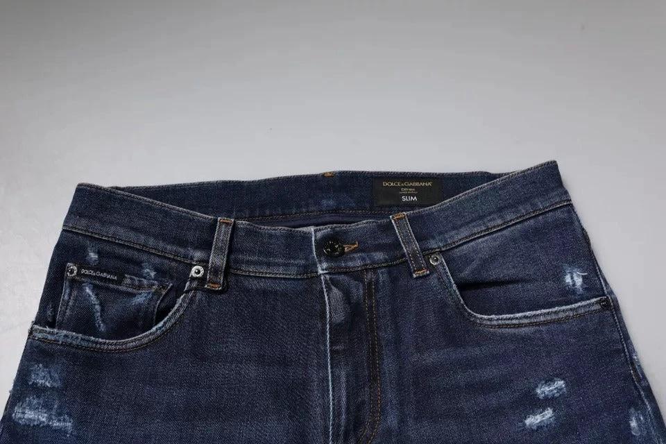 Dolce & Gabbana Dark Blue Cotton Logo Skinny Denim Jeans by Dolce & Gabbana