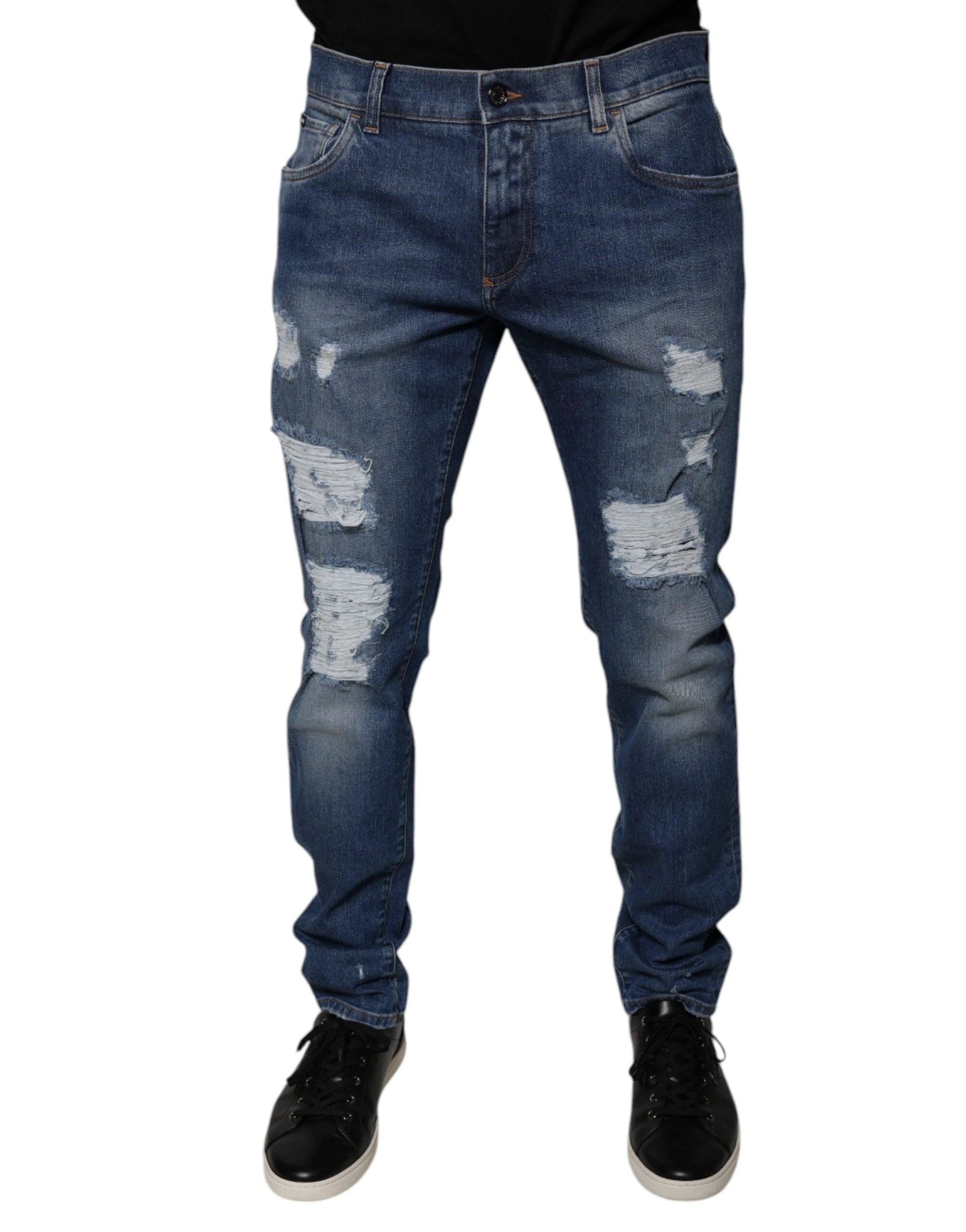 Dolce & Gabbana Blue Cotton Tattered Skinny Denim Jeans by Dolce & Gabbana