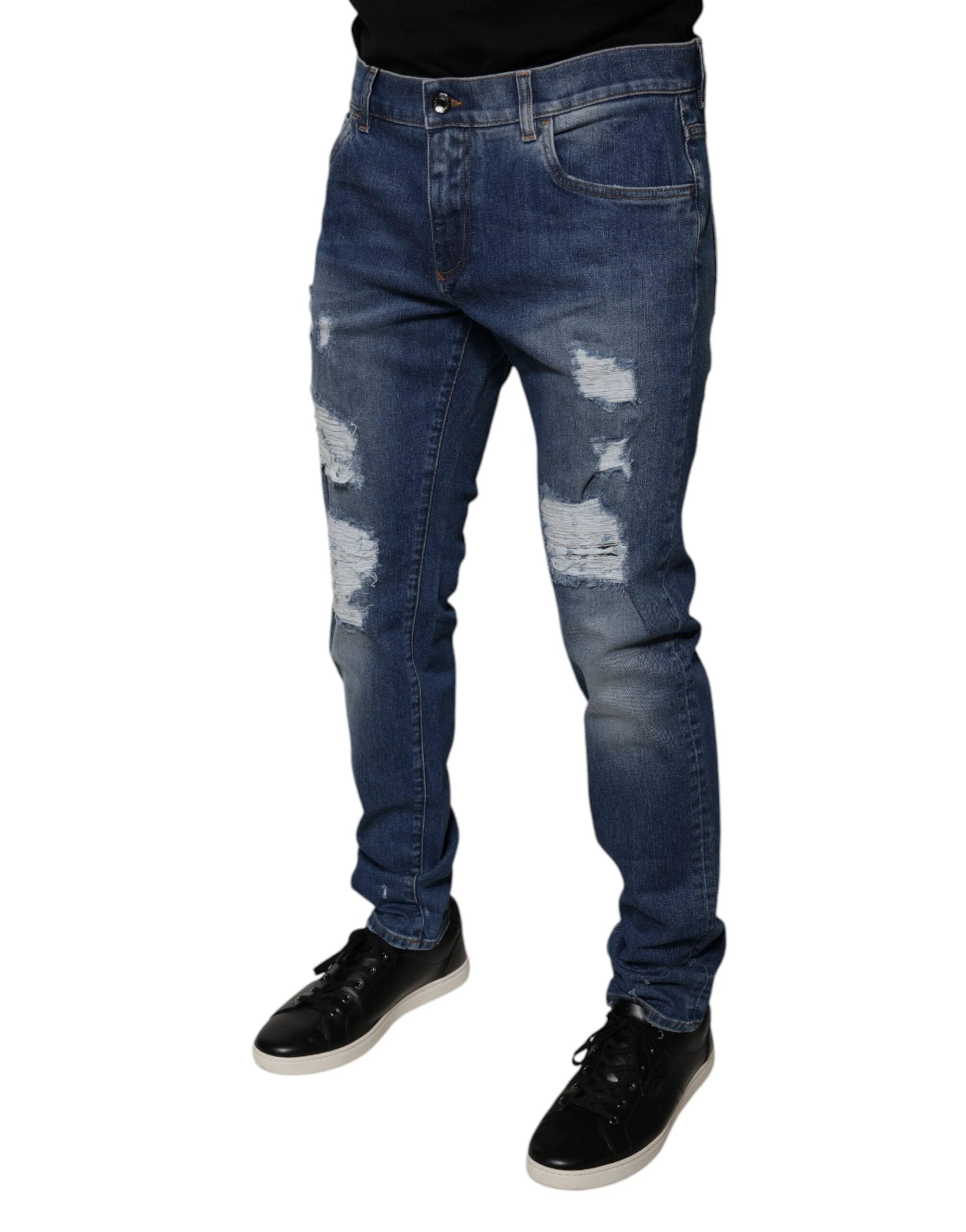 Dolce & Gabbana Blue Cotton Tattered Skinny Denim Jeans by Dolce & Gabbana