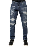 Dolce & Gabbana Blue Cotton Tattered Skinny Denim Jeans by Dolce & Gabbana