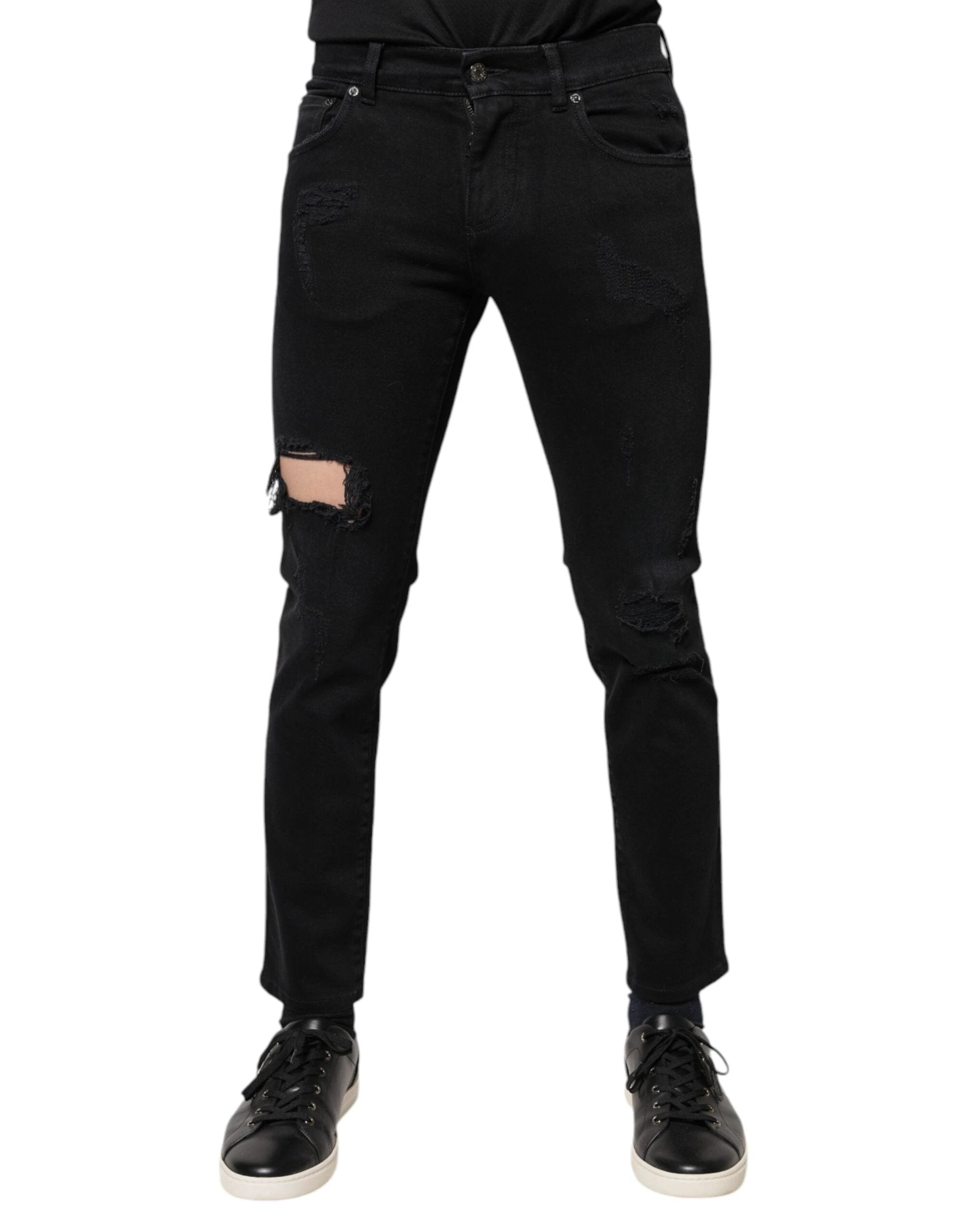Dolce & Gabbana Black Cotton Tattered Skinny Denim Logo Jeans by Dolce & Gabbana