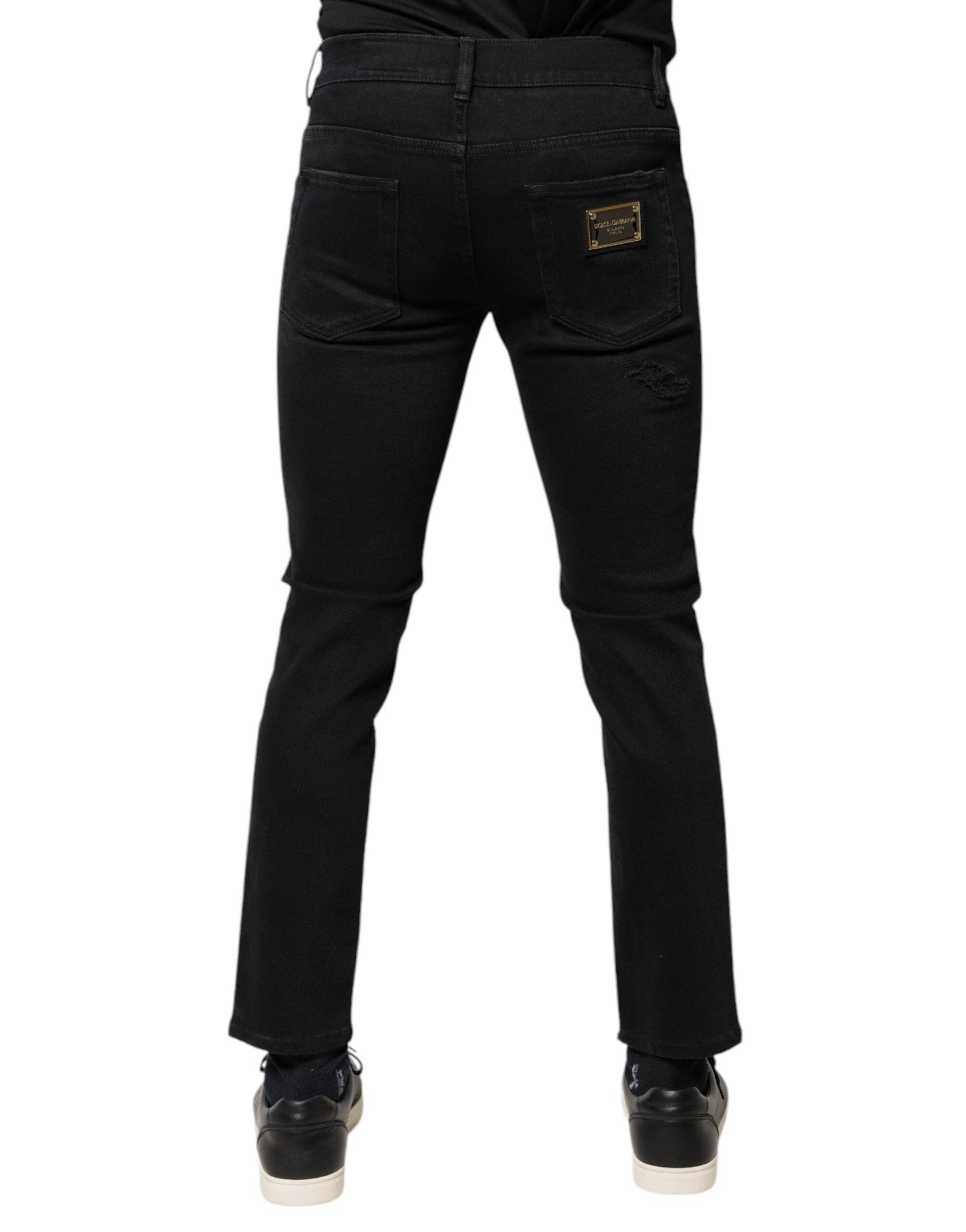 Dolce & Gabbana Black Cotton Tattered Skinny Denim Logo Jeans by Dolce & Gabbana