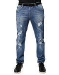 Dolce & Gabbana Blue Cotton Stretch Tattered Skinny Denim Jeans by Dolce & Gabbana