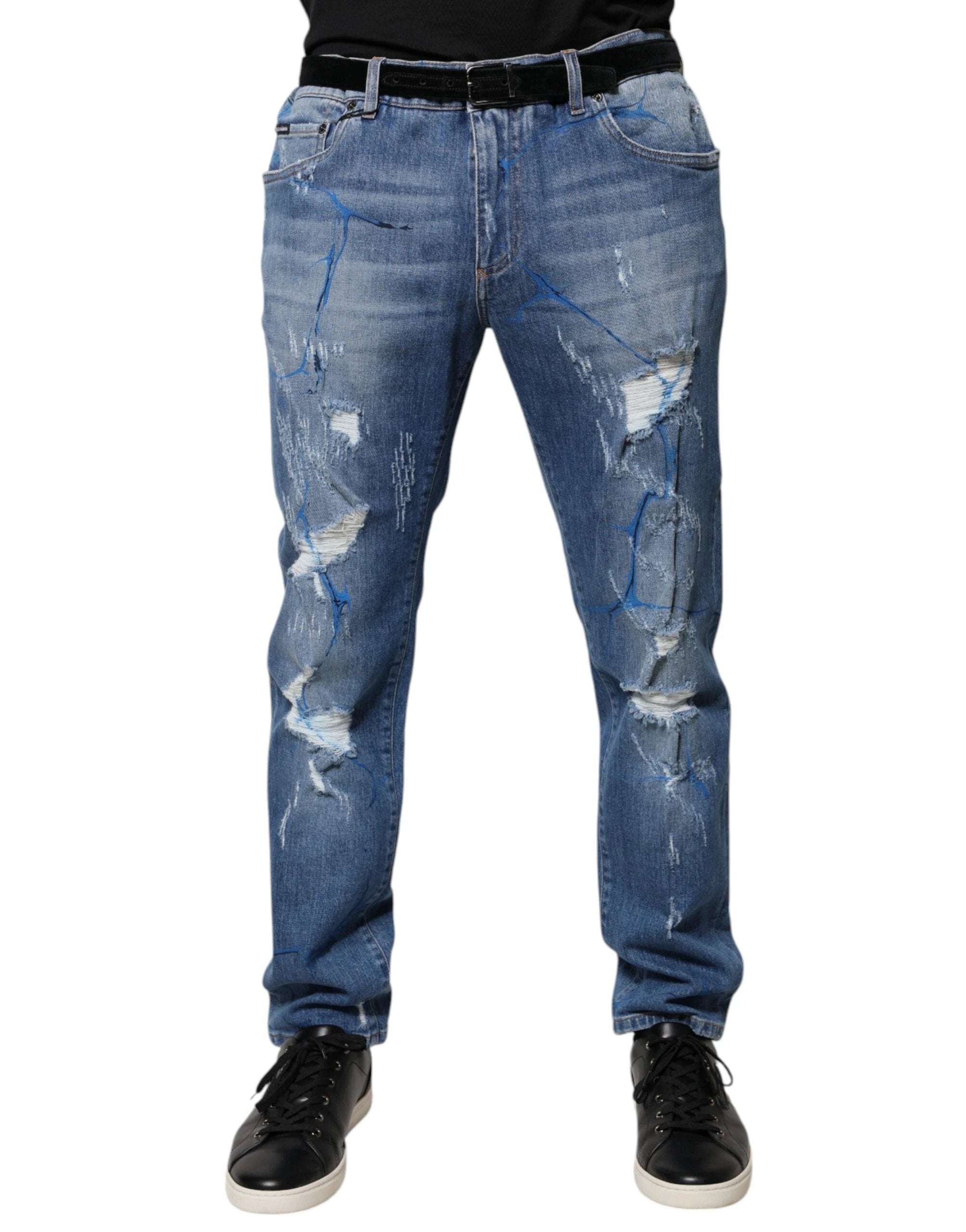 Dolce & Gabbana Blue Cotton Stretch Tattered Skinny Denim Jeans by Dolce & Gabbana