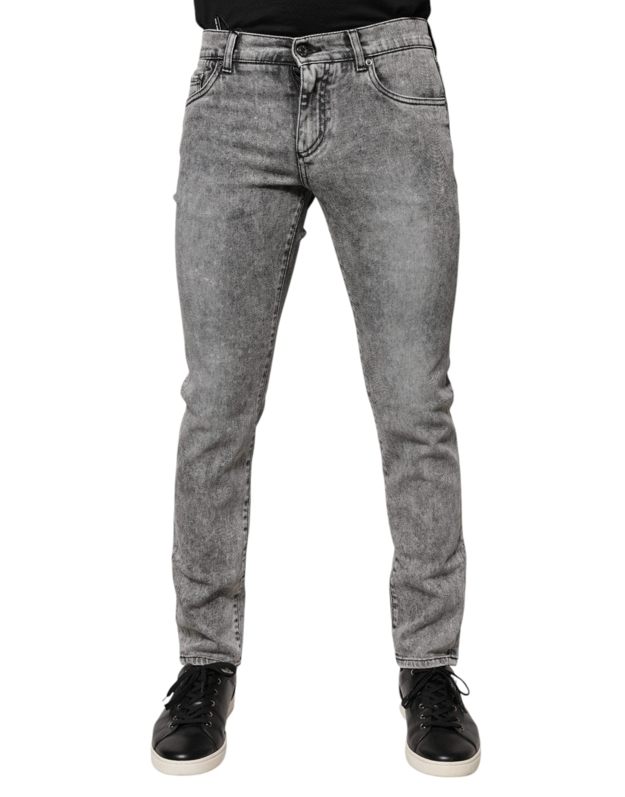 Dolce & Gabbana Gray Logo Plaque Cotton Slim Fit Denim Jeans by Dolce & Gabbana