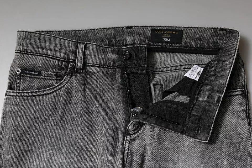 Dolce & Gabbana Gray Logo Plaque Cotton Slim Fit Denim Jeans by Dolce & Gabbana