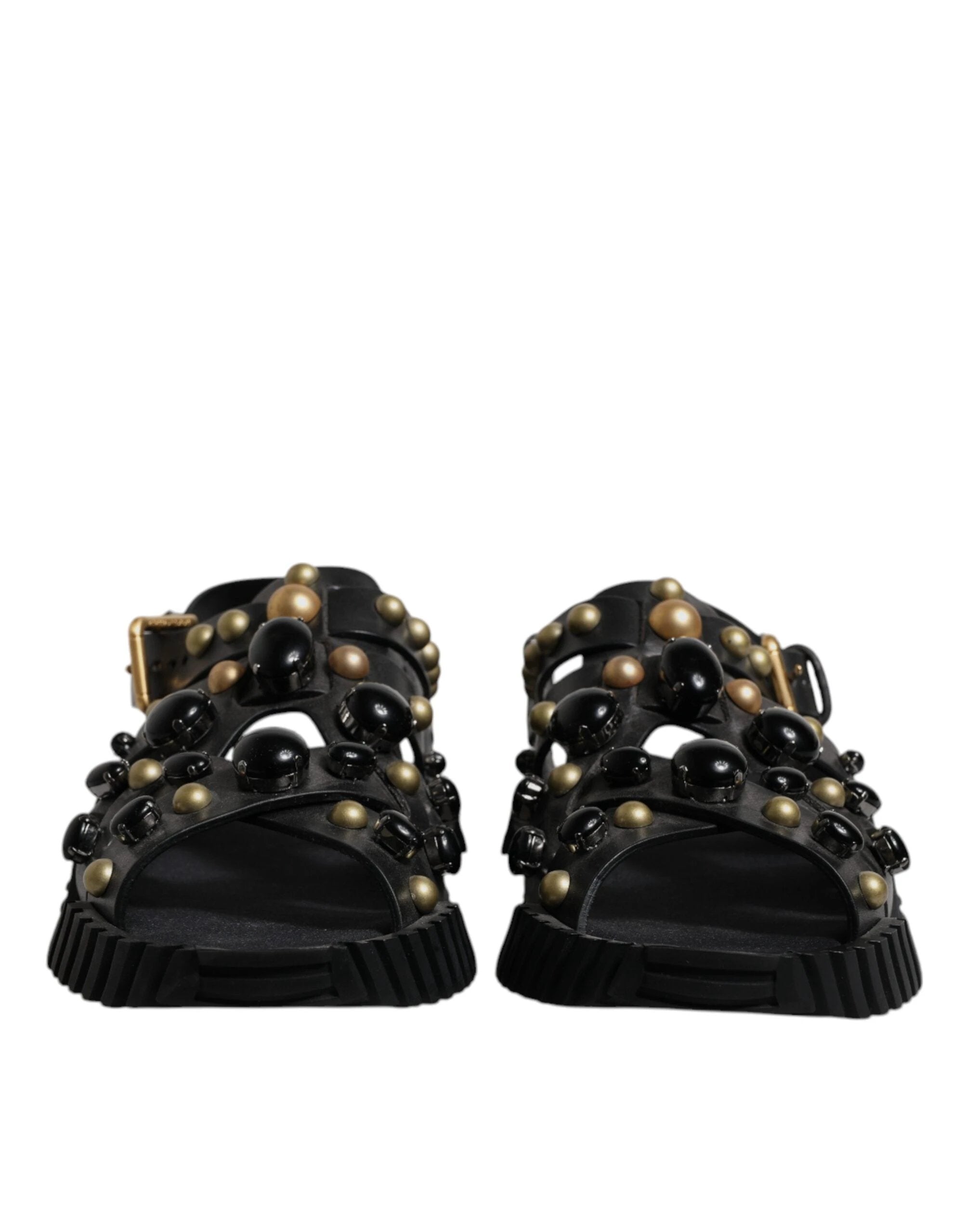 Dolce & Gabbana Black Leather Studded Slides Sandals Shoes by Dolce & Gabbana