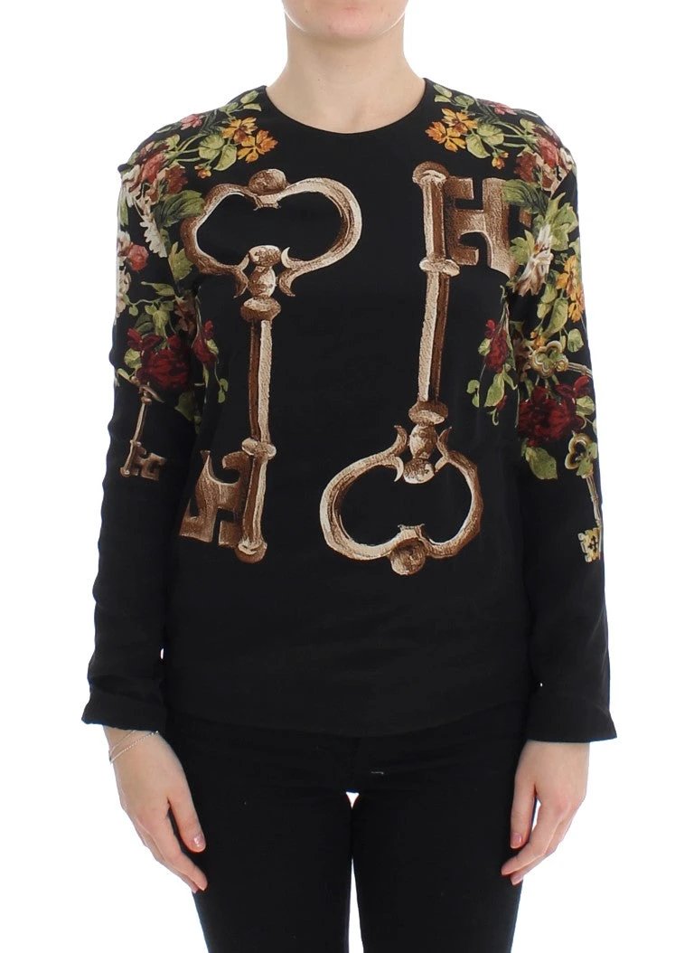 Dolce & Gabbana Black Key Floral Print Silk Blouse Top by Dolce & Gabbana
