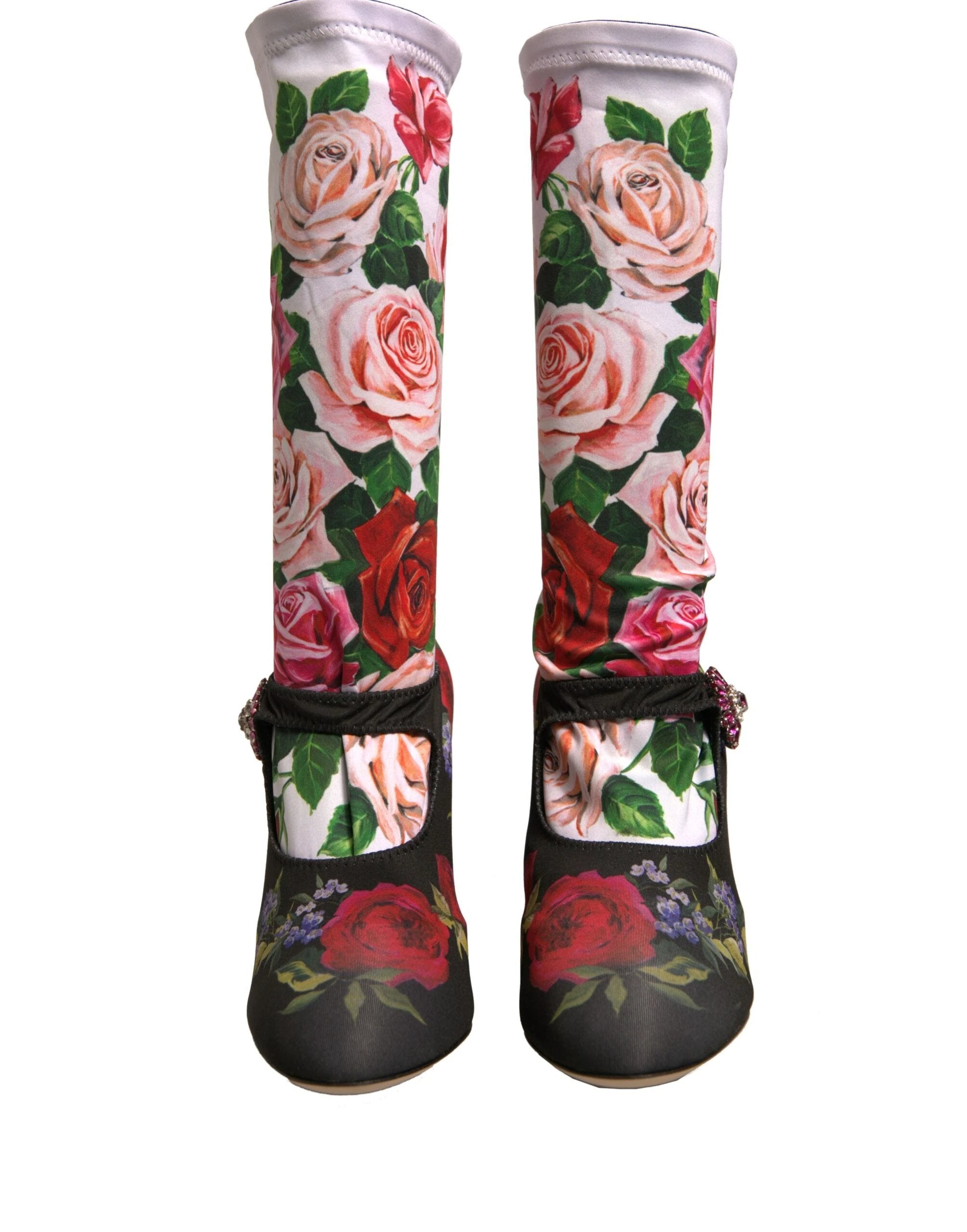 Dolce & Gabbana Black Floral Socks Crystal Boots Jersey Shoes by Dolce & Gabbana