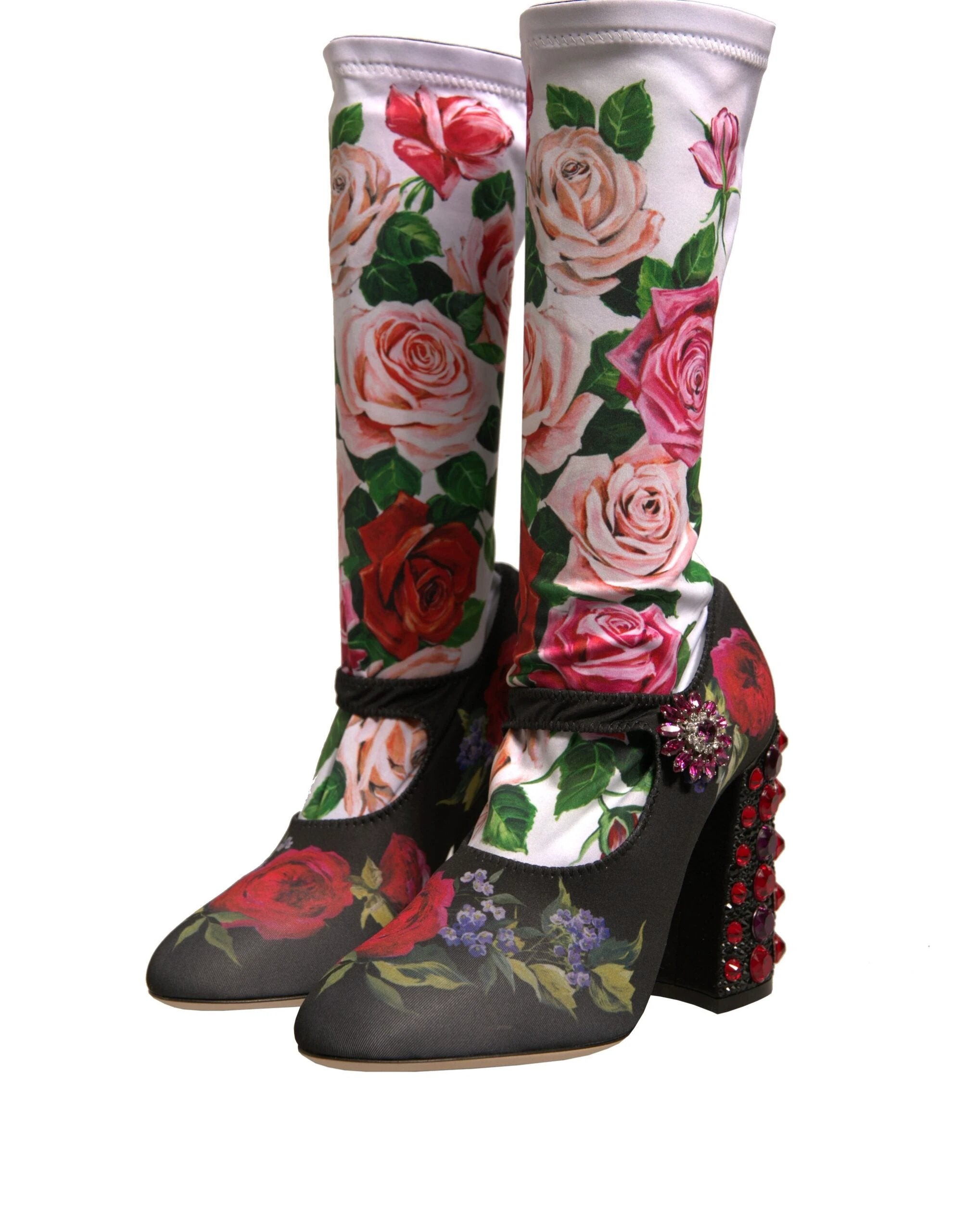 Dolce & Gabbana Black Floral Socks Crystal Boots Jersey Shoes by Dolce & Gabbana