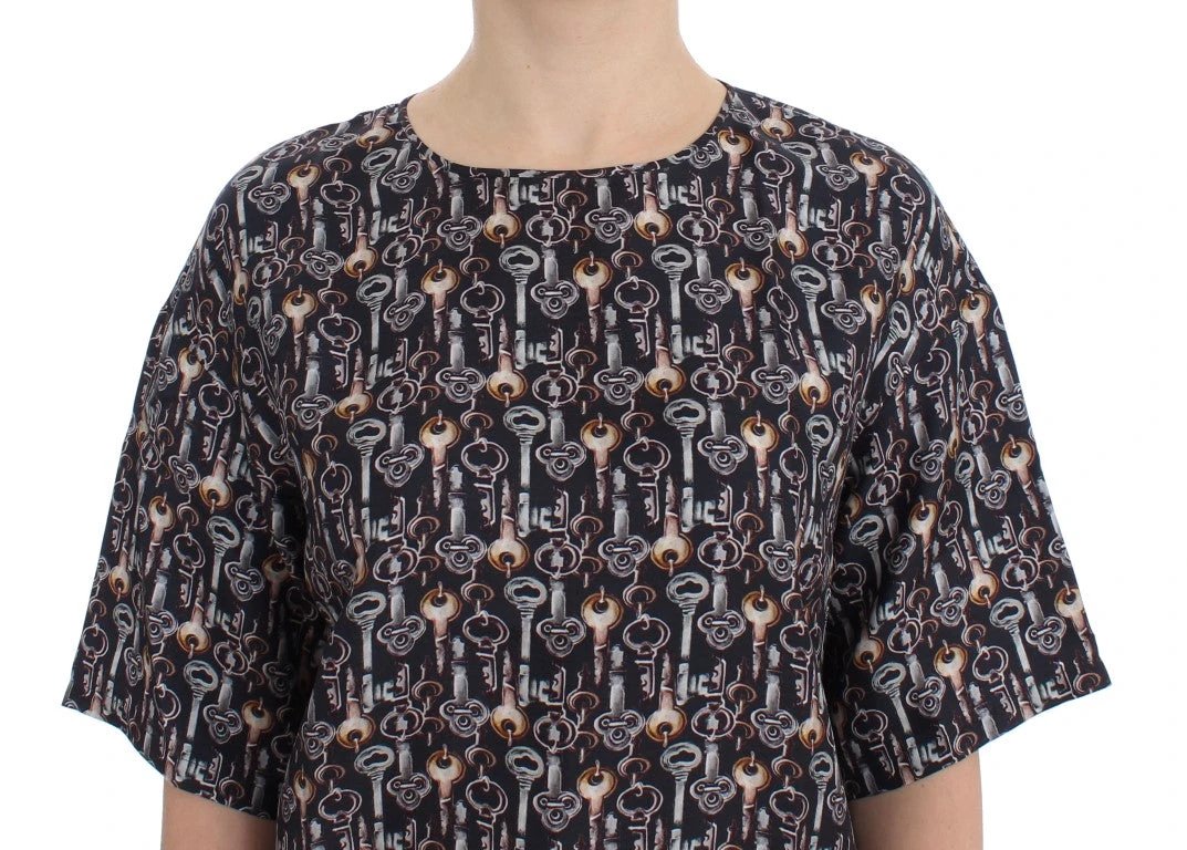 Dolce & Gabbana Gray Gold Key Print Silk Blouse T-shirt by Dolce & Gabbana