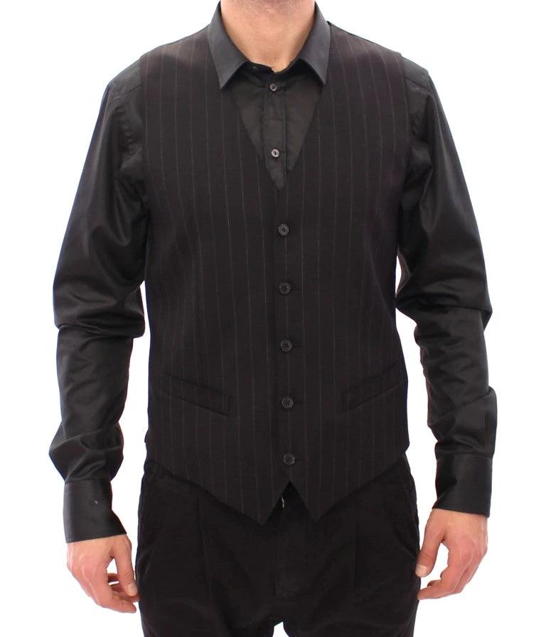 Dolce & Gabbana Black Striped Wool Logo Vest by Dolce & Gabbana