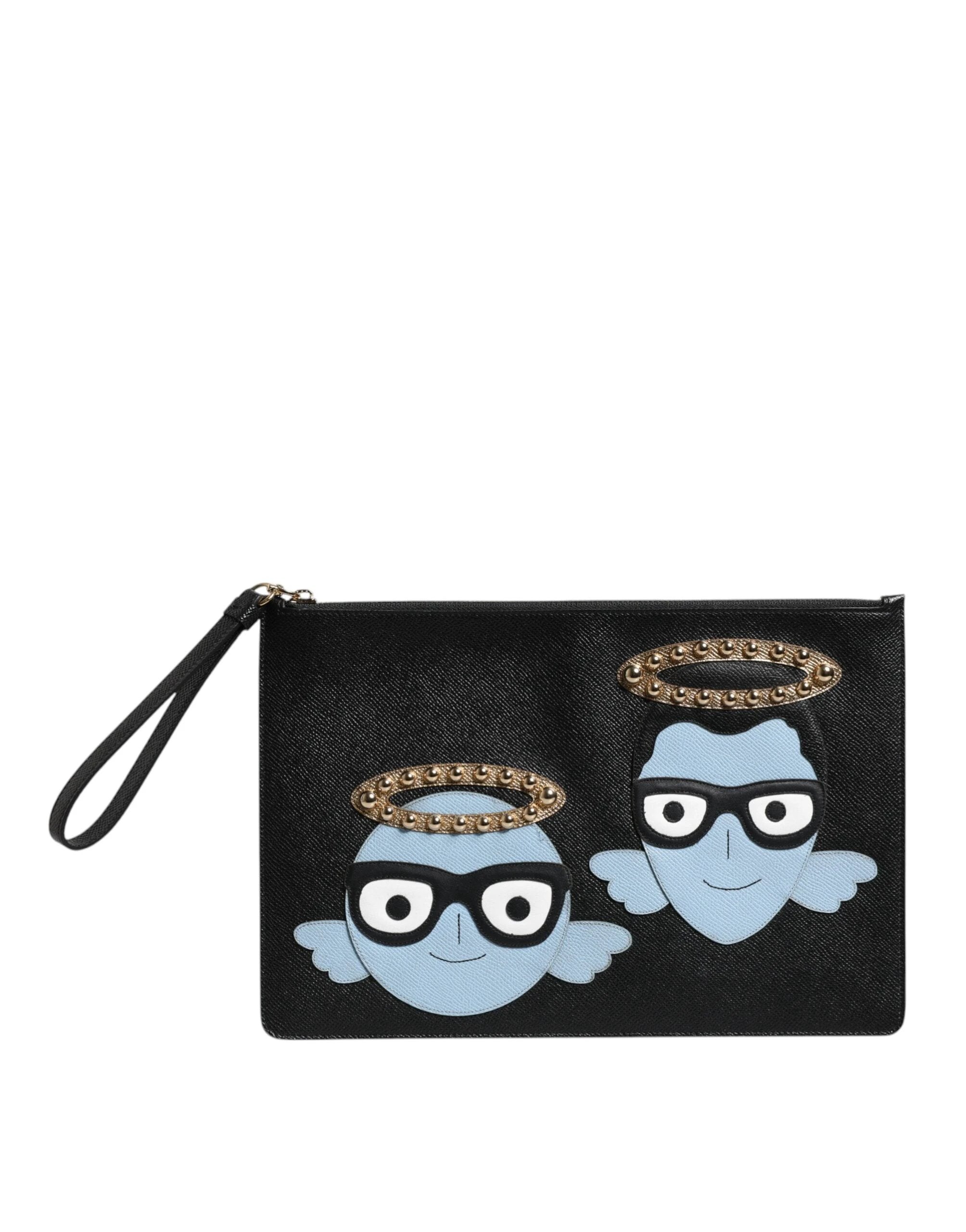 Dolce & Gabbana Black Leather #DGFAMILY Embellished Men Zip Pouch Bag by Dolce & Gabbana
