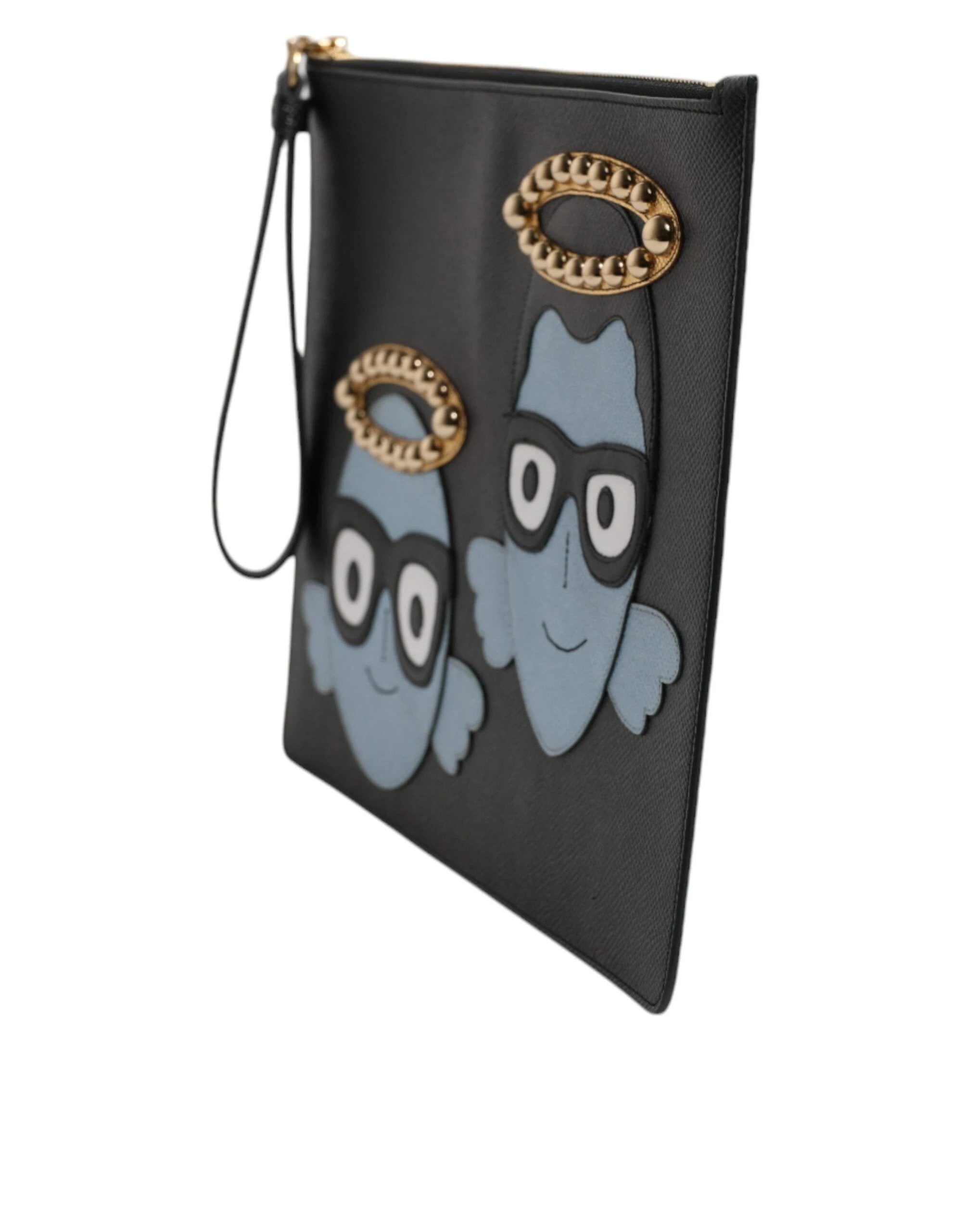 Dolce & Gabbana Black Leather #DGFAMILY Embellished Men Zip Pouch Bag by Dolce & Gabbana