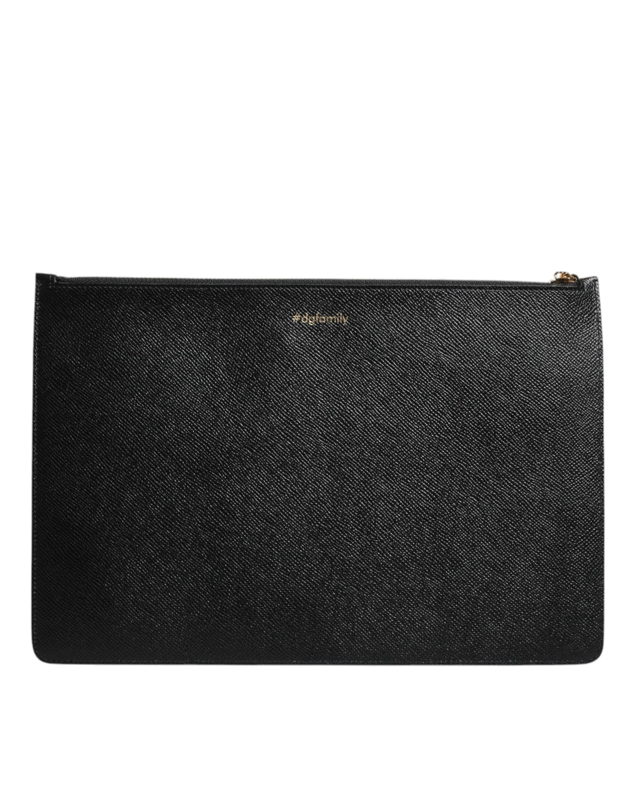 Dolce & Gabbana Black Leather #DGFAMILY Embellished Men Zip Pouch Bag by Dolce & Gabbana