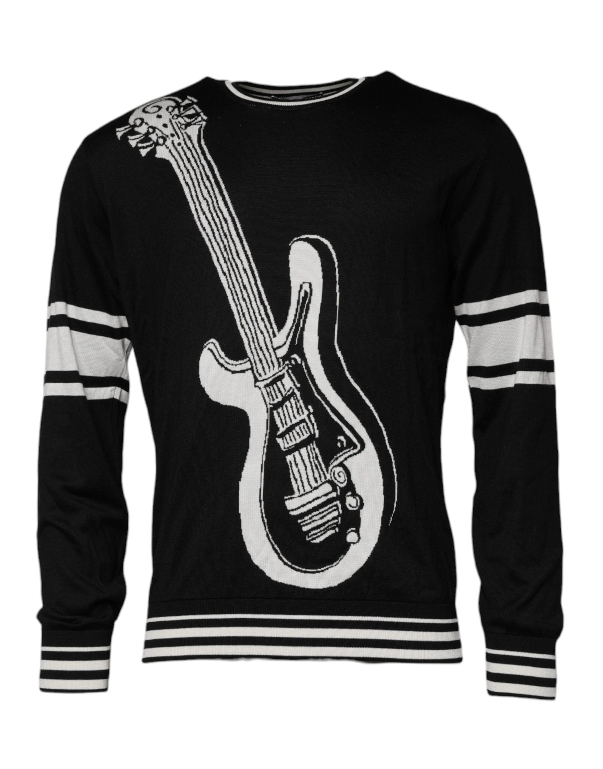 Dolce & Gabbana Black White Guitar Silk Crew Neck Sweater by Dolce & Gabbana