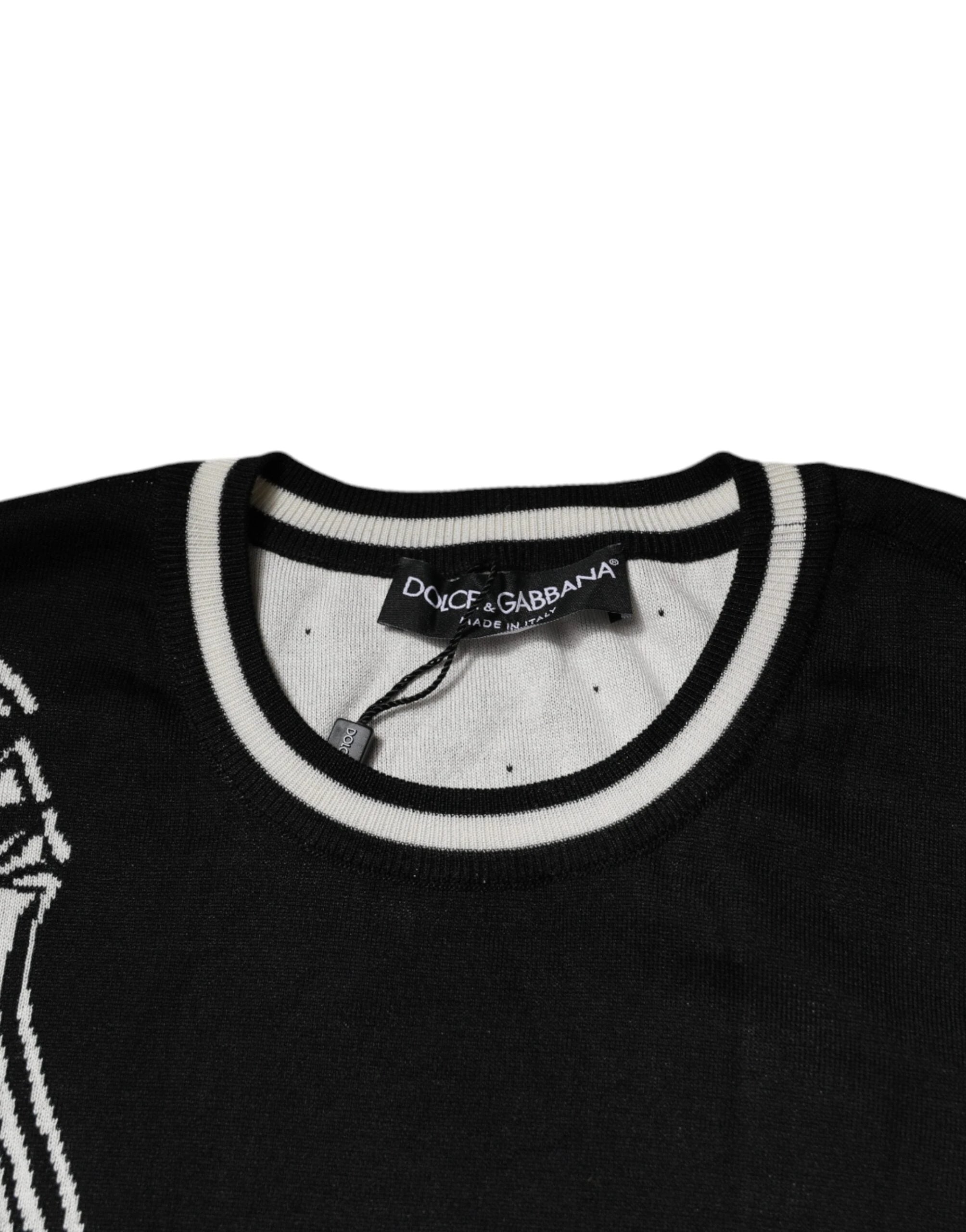 Dolce & Gabbana Black White Guitar Silk Crew Neck Sweater by Dolce & Gabbana
