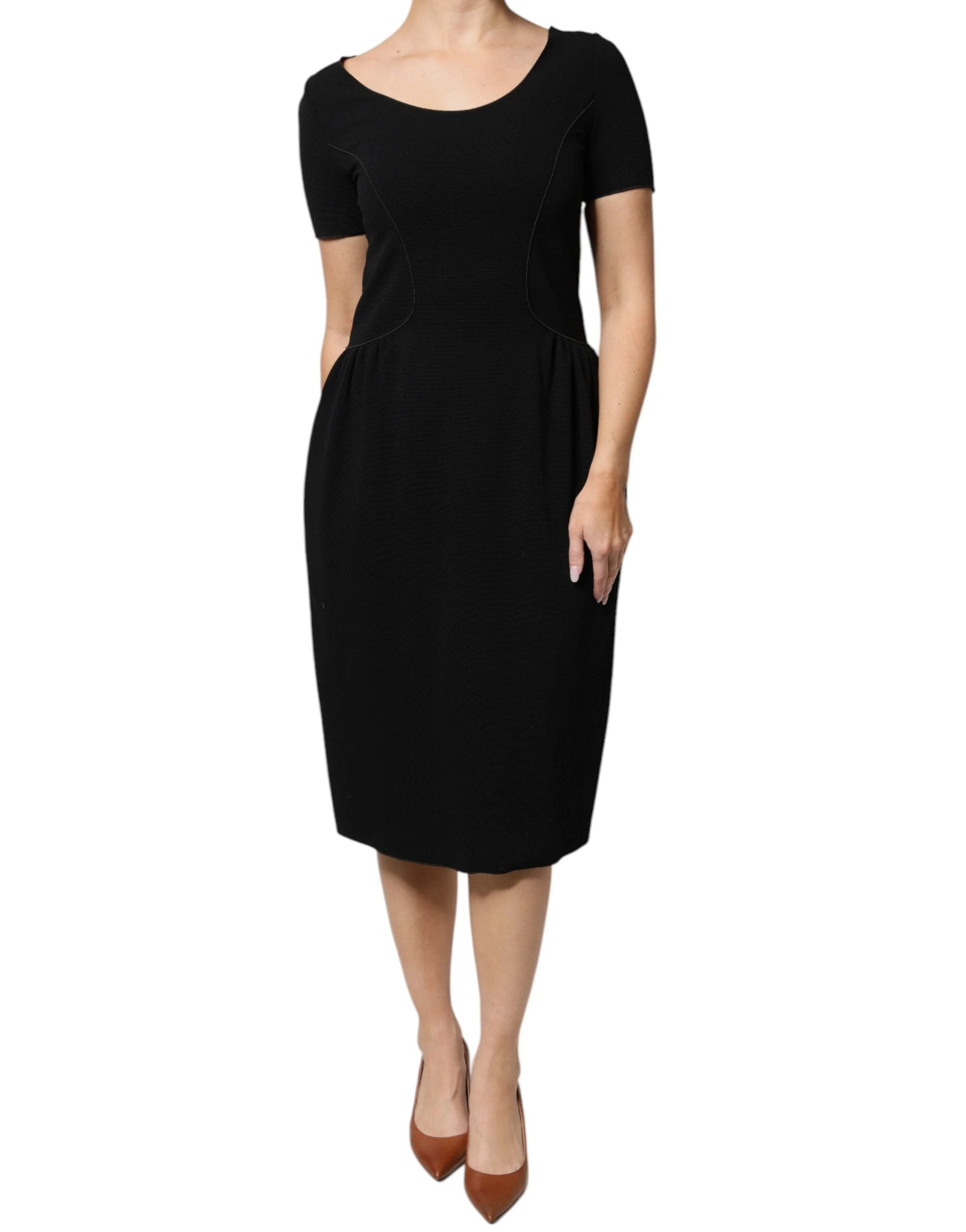 Emporio Armani Black Viscose Short Sleeves Sheath Midi Dress by Emporio Armani