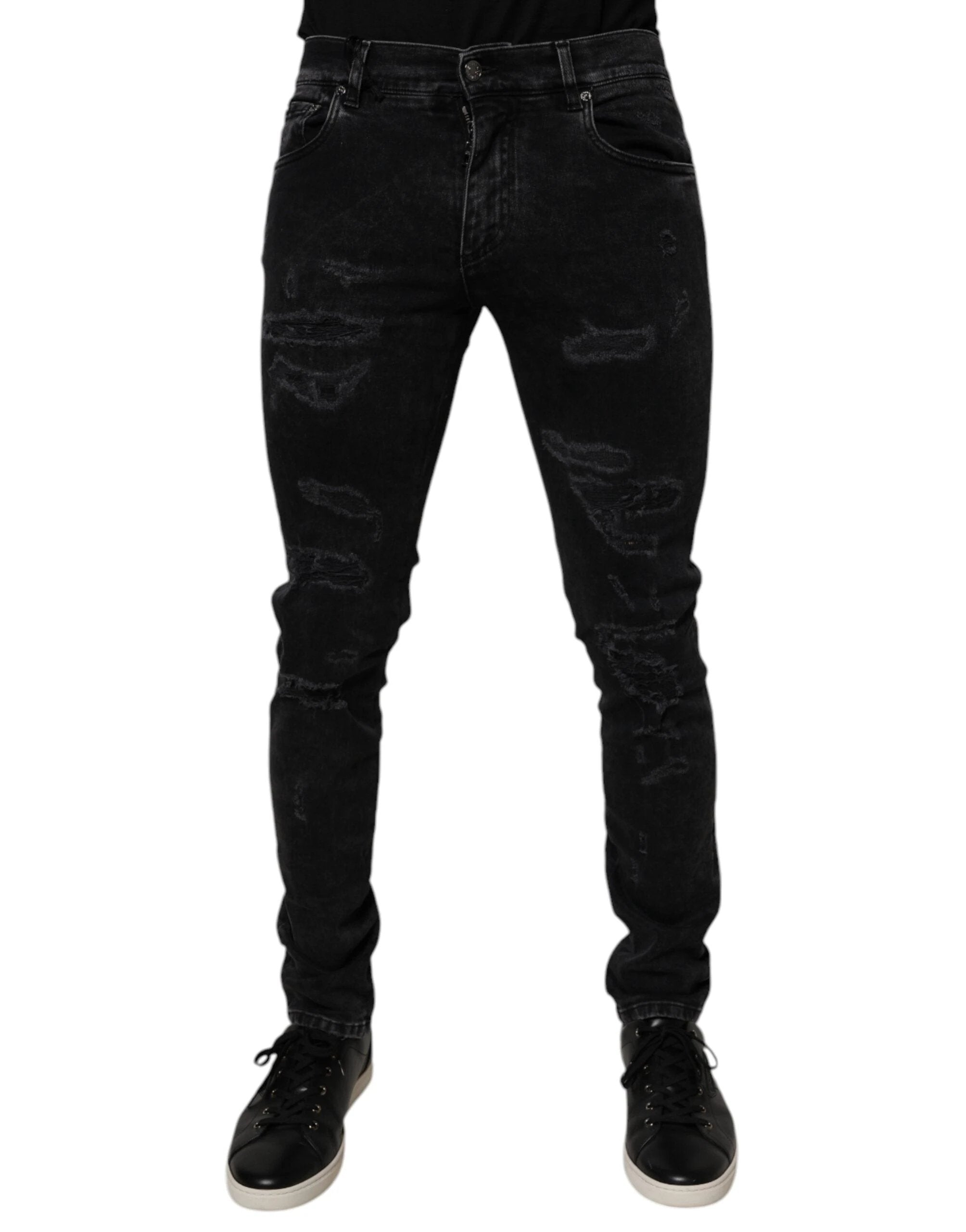 Dolce & Gabbana Black Tattered Cotton Skinny Men Denim Jeans by Dolce & Gabbana