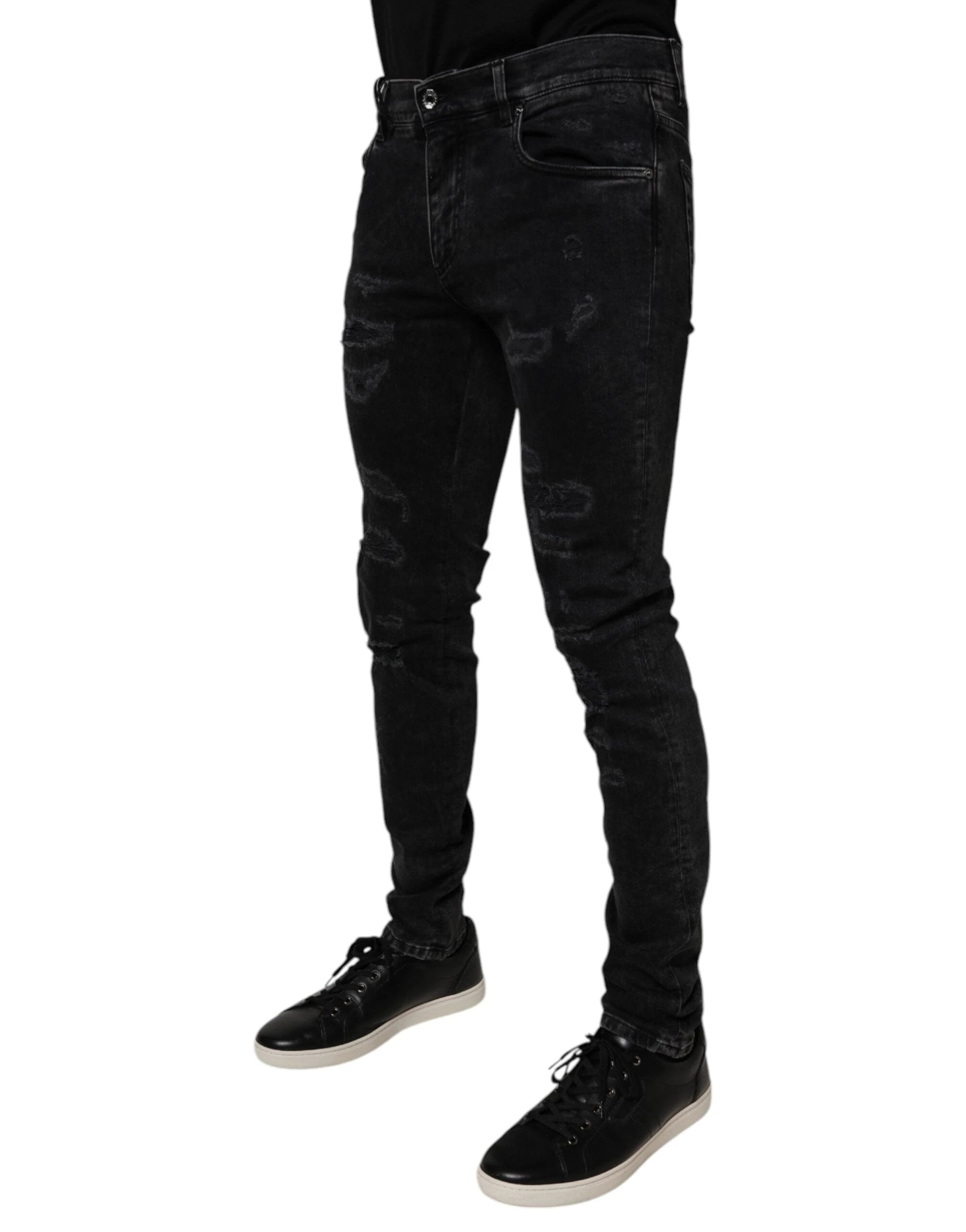 Dolce & Gabbana Black Tattered Cotton Skinny Men Denim Jeans by Dolce & Gabbana