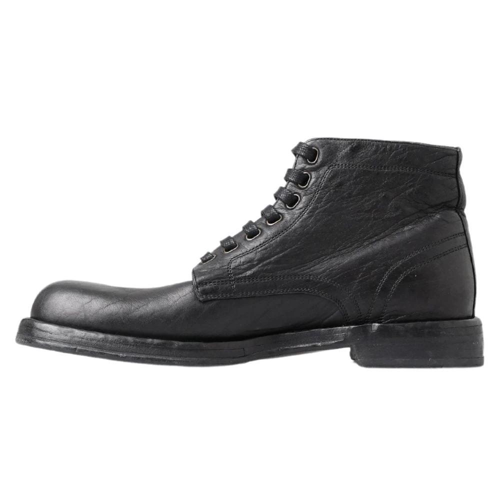 Dolce & Gabbana Black Leather Lace-Up Boots by Dolce & Gabbana