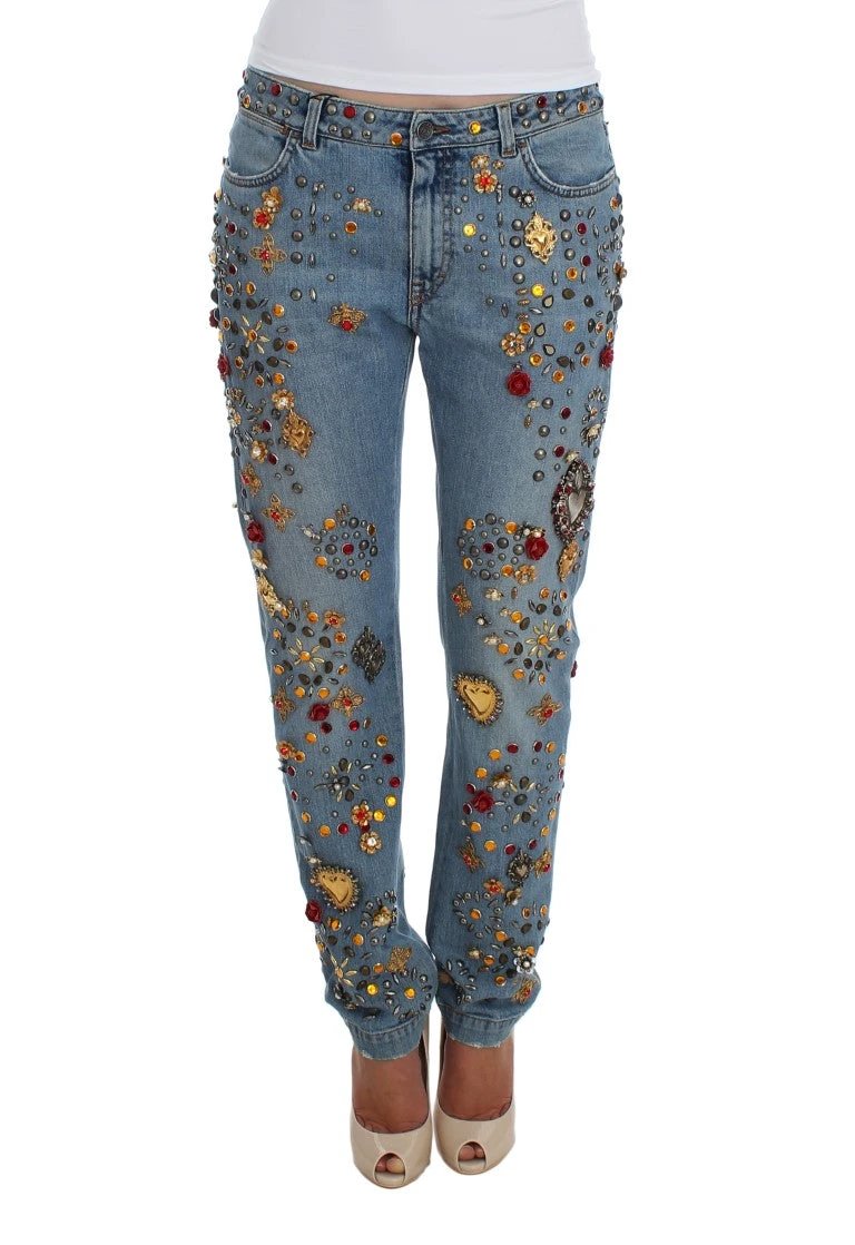 Dolce & Gabbana Crystal Roses Heart Embellished Jeans by Dolce & Gabbana