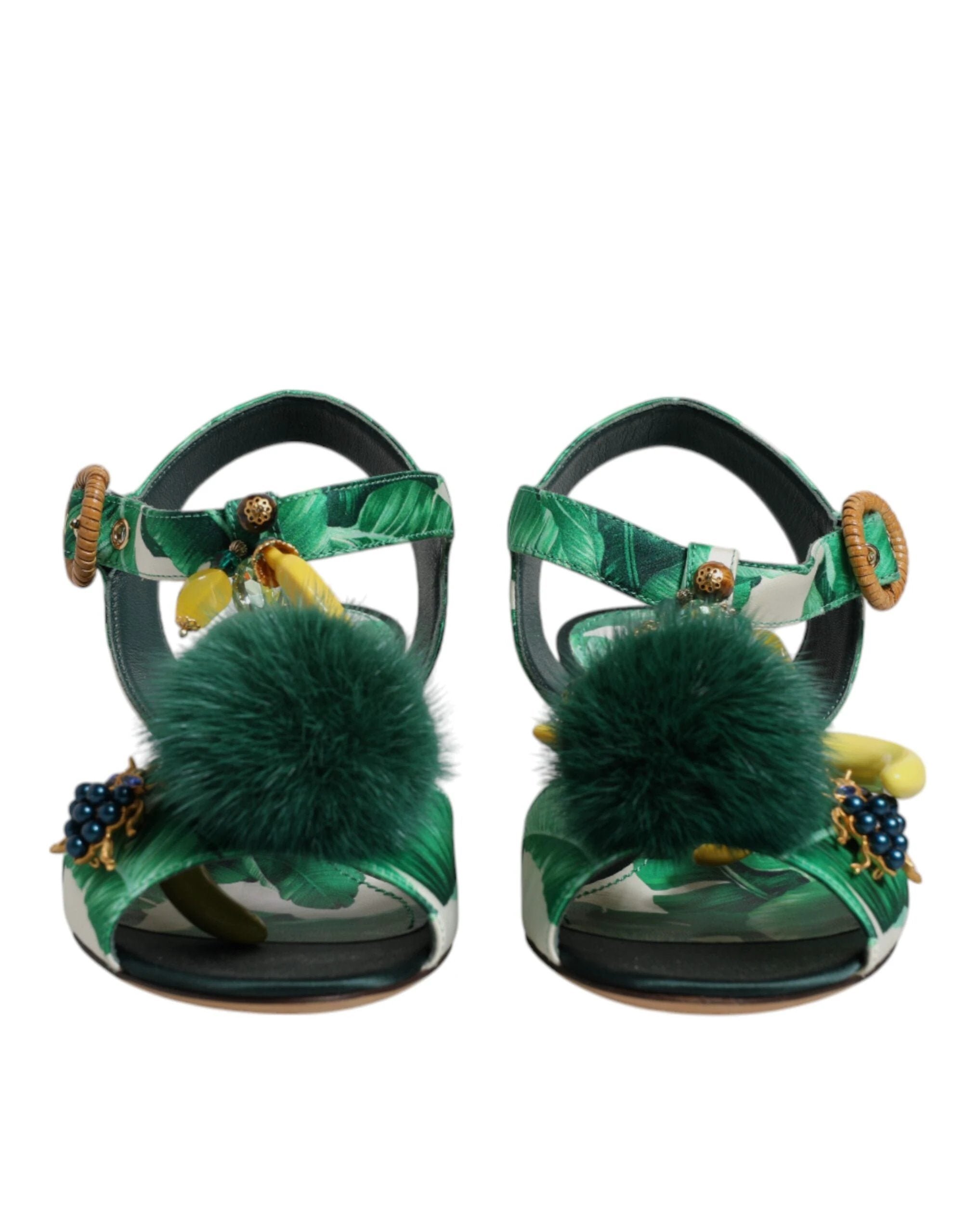 Dolce & Gabbana Green Crystal Fur Embellished Sandals Shoes by Dolce & Gabbana