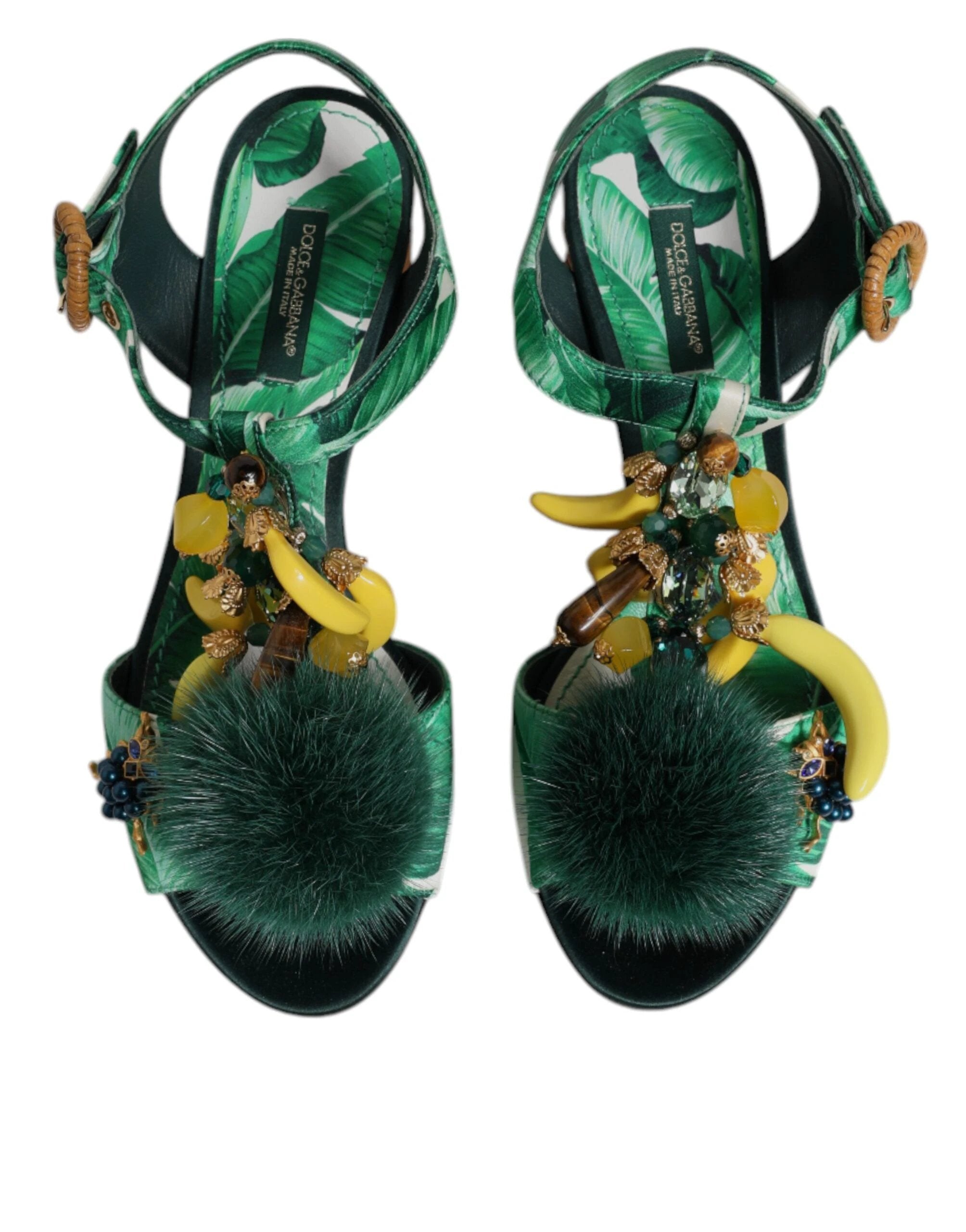 Dolce & Gabbana Green Crystal Fur Embellished Sandals Shoes by Dolce & Gabbana