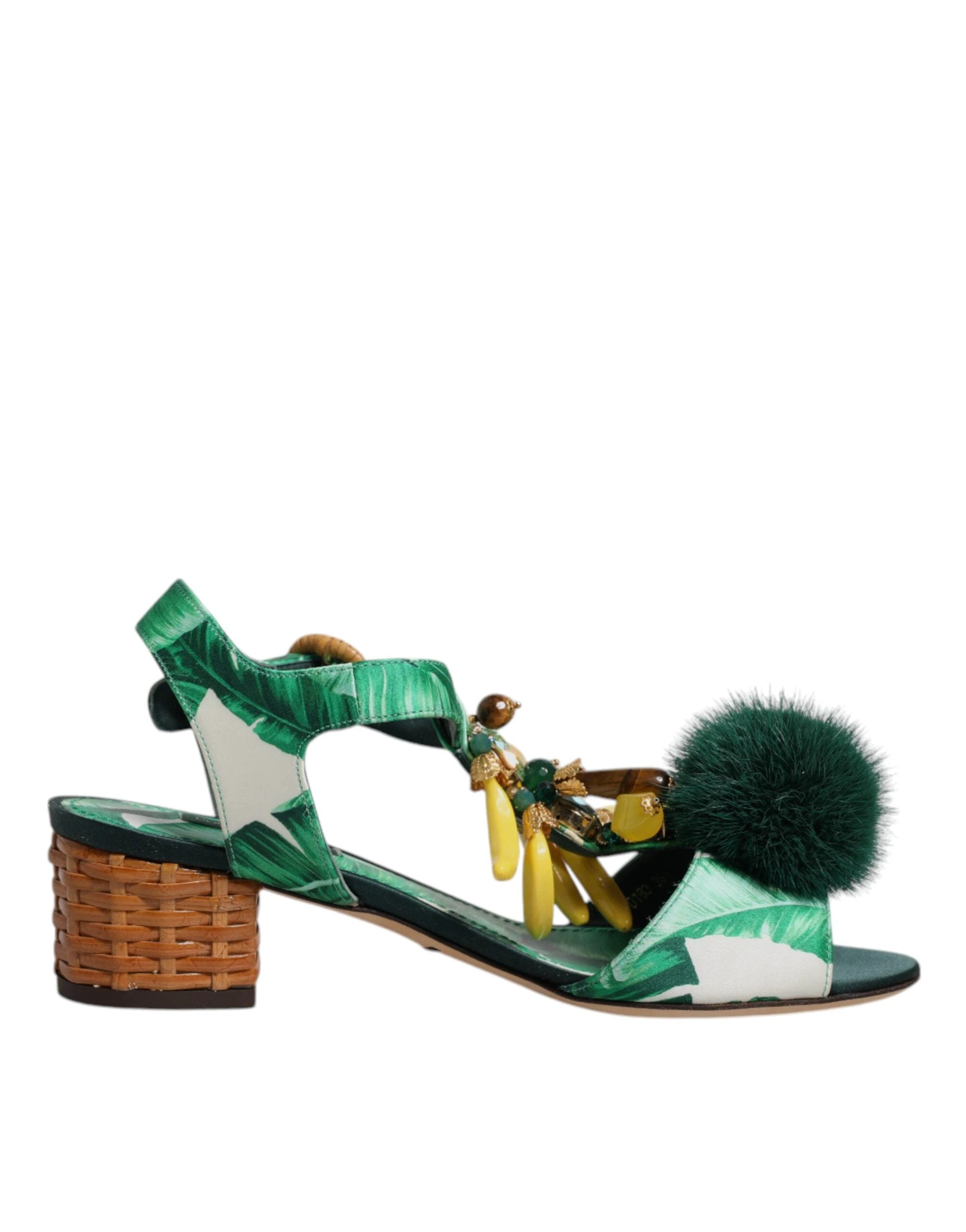 Dolce & Gabbana Green Crystal Fur Embellished Sandals Shoes by Dolce & Gabbana