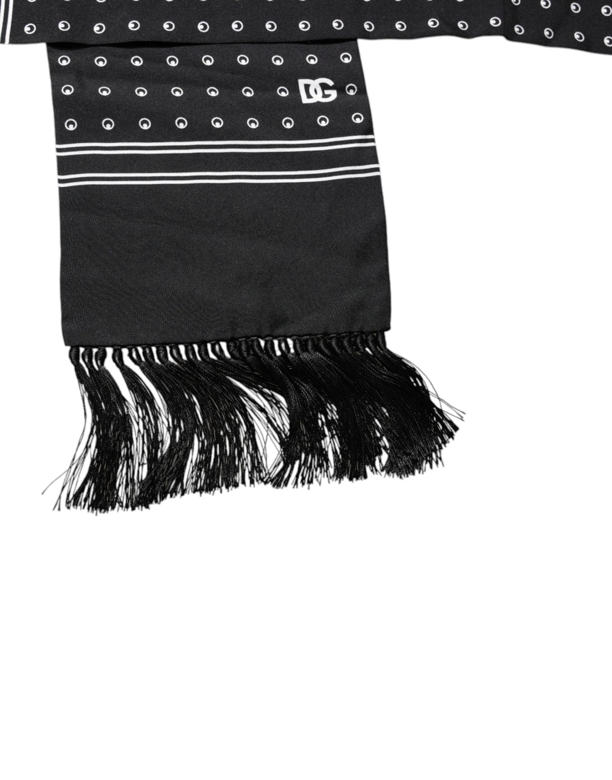 Dolce & Gabbana Black White Polka Dotted Silk Skinny Fringes Scarf by Dolce & Gabbana