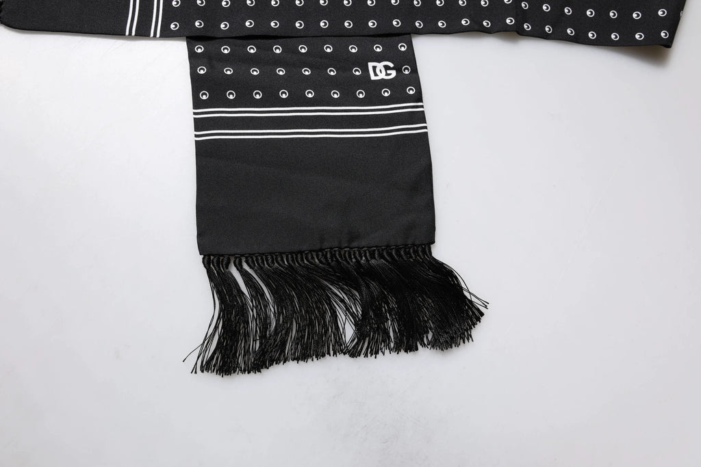 Dolce & Gabbana Black White Polka Dotted Silk Skinny Fringes Scarf by Dolce & Gabbana
