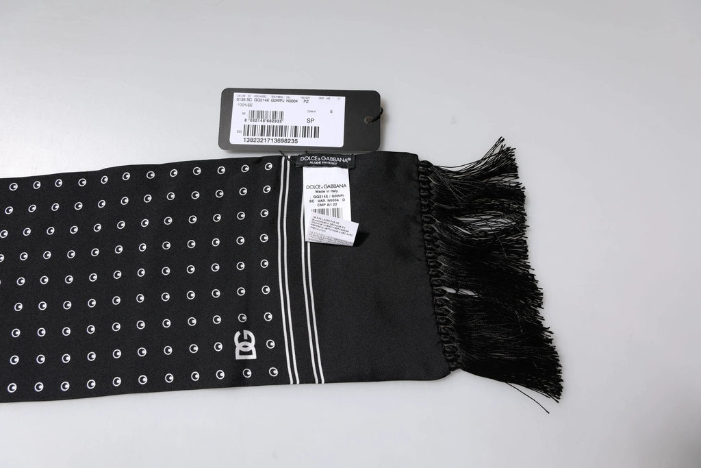 Dolce & Gabbana Black White Polka Dotted Silk Skinny Fringes Scarf by Dolce & Gabbana