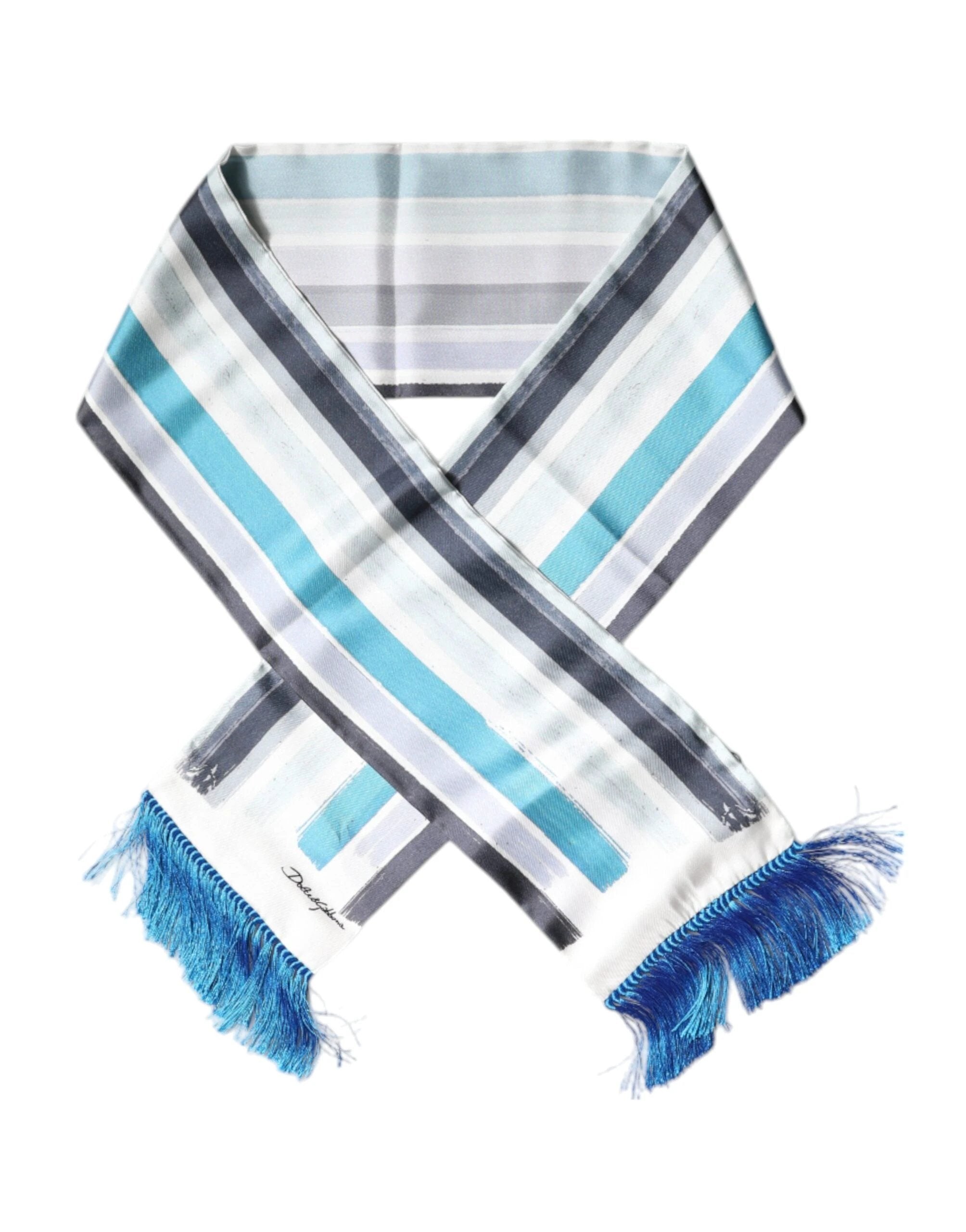 Dolce & Gabbana White Blue Stripes Silk Fringes Wrap Scarf by Dolce & Gabbana