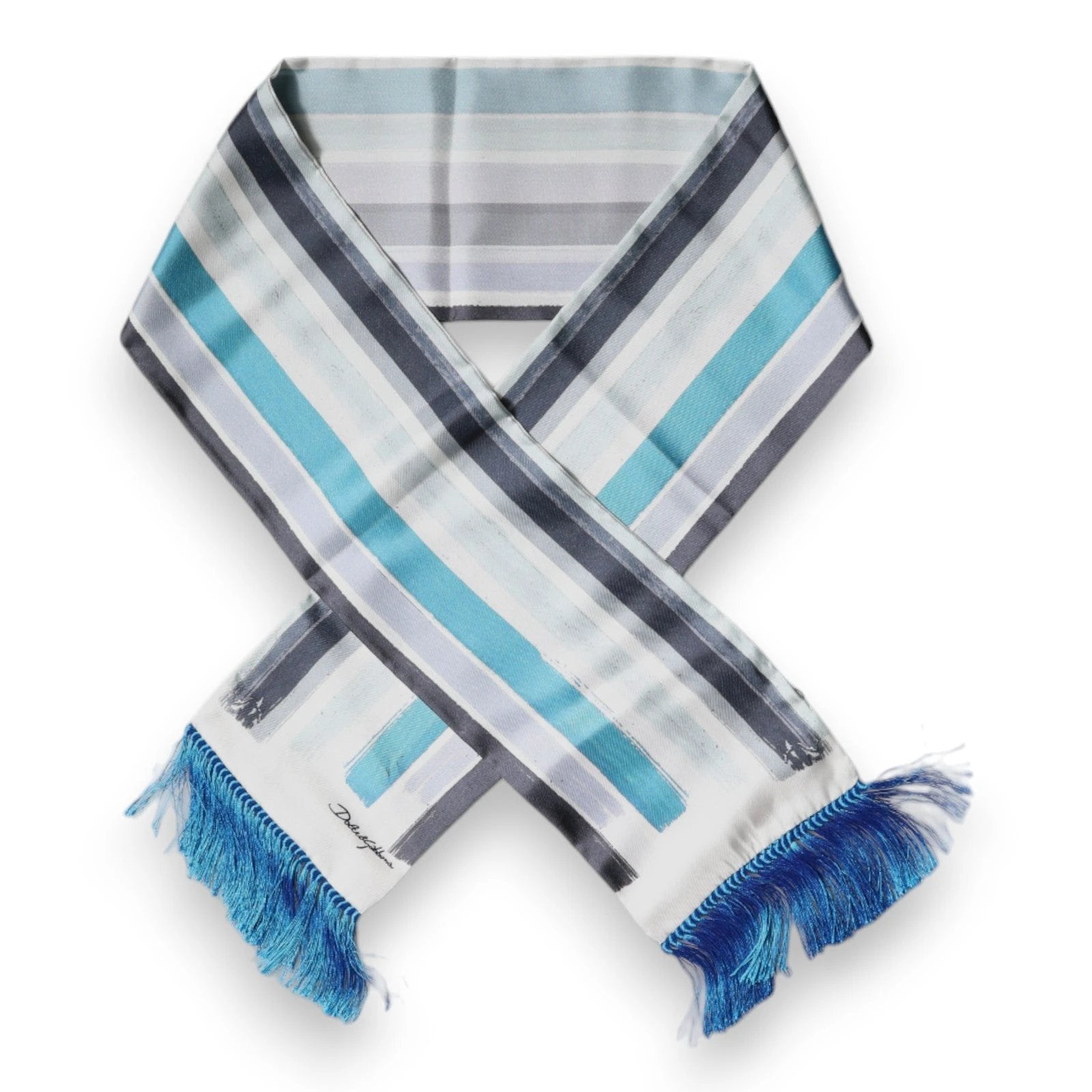 Dolce & Gabbana White Blue Stripes Silk Fringes Wrap Scarf by Dolce & Gabbana