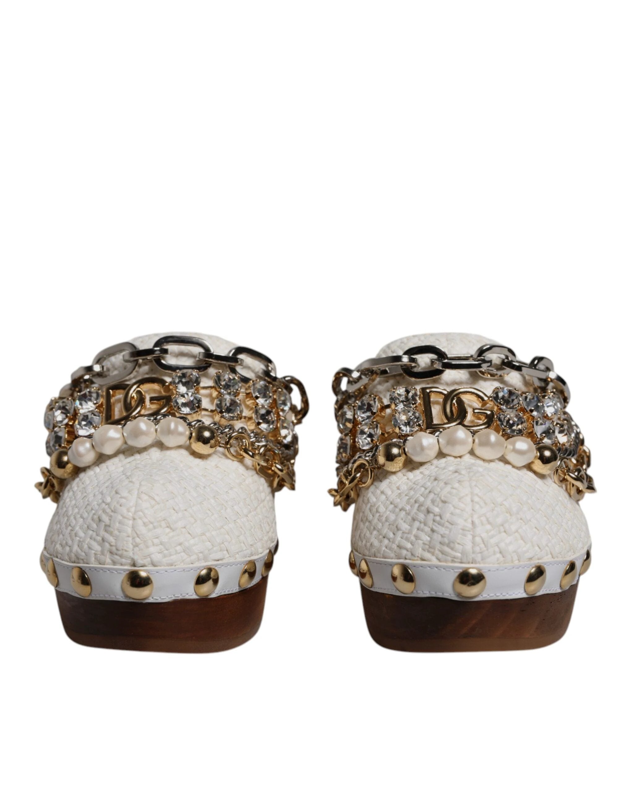 Dolce & Gabbana White Raffia Clogs Bejeweled Chain Sandals Shoes by Dolce & Gabbana