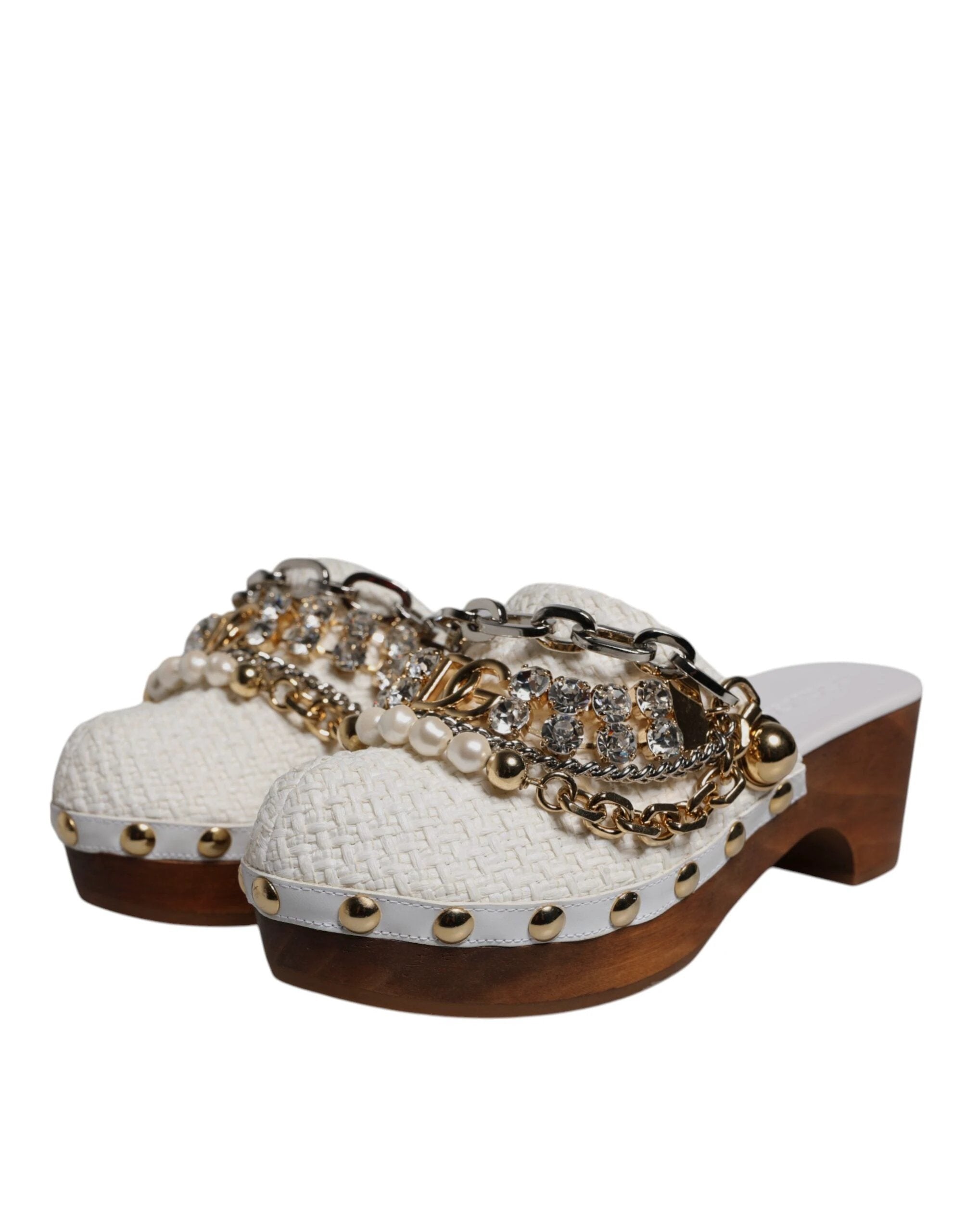 Dolce & Gabbana White Raffia Clogs Bejeweled Chain Sandals Shoes by Dolce & Gabbana