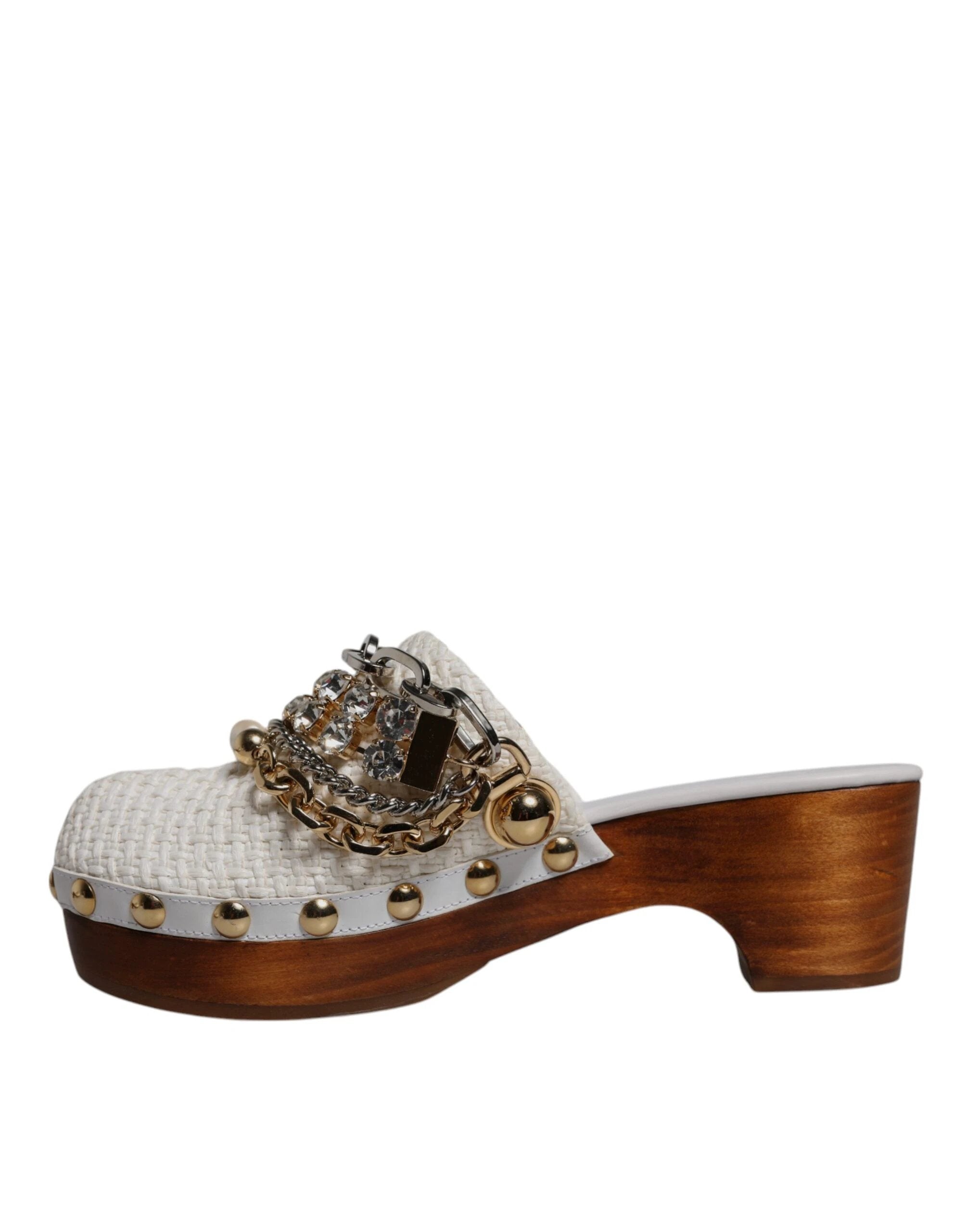 Dolce & Gabbana White Raffia Clogs Bejeweled Chain Sandals Shoes by Dolce & Gabbana
