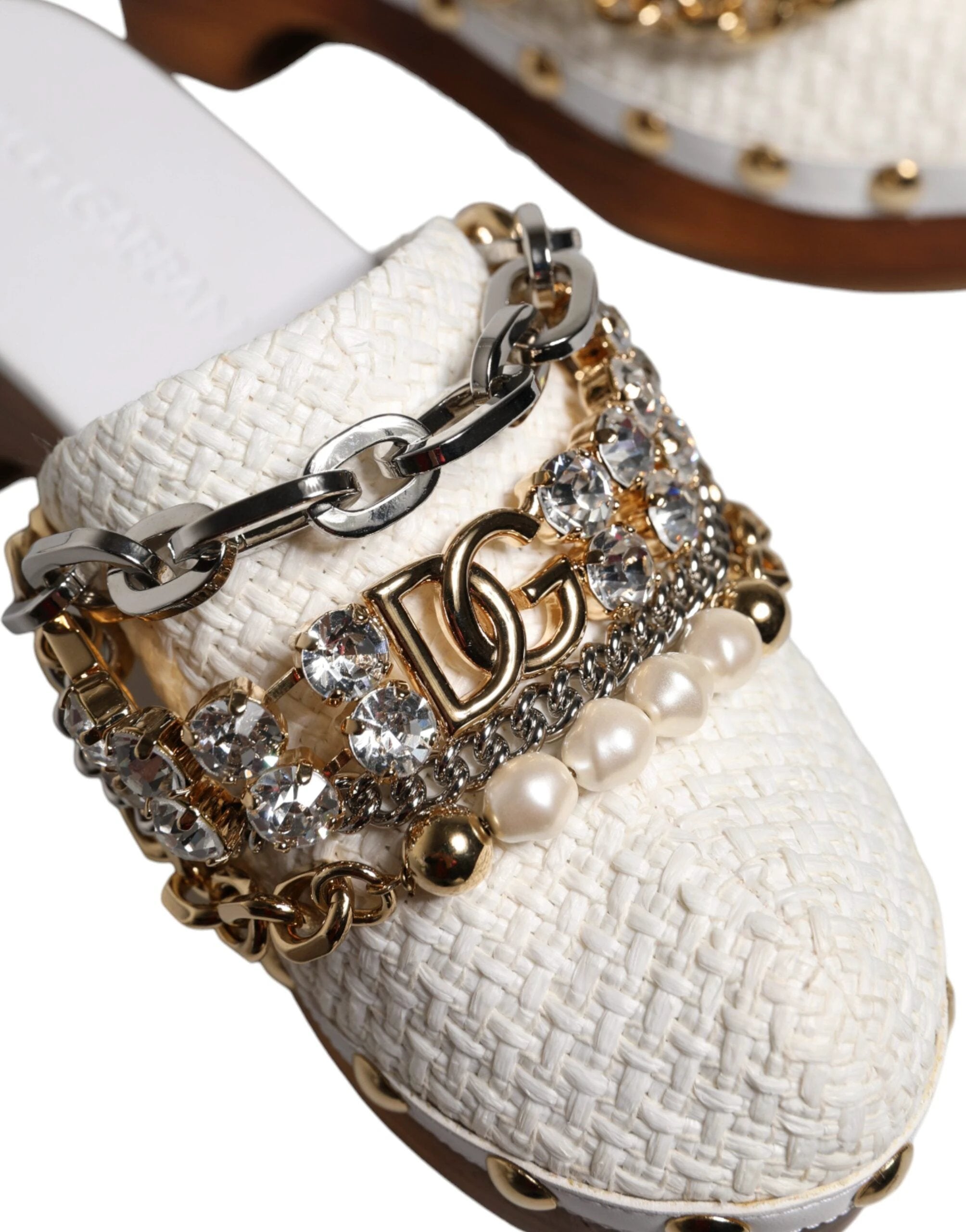 Dolce & Gabbana White Raffia Clogs Bejeweled Chain Sandals Shoes by Dolce & Gabbana