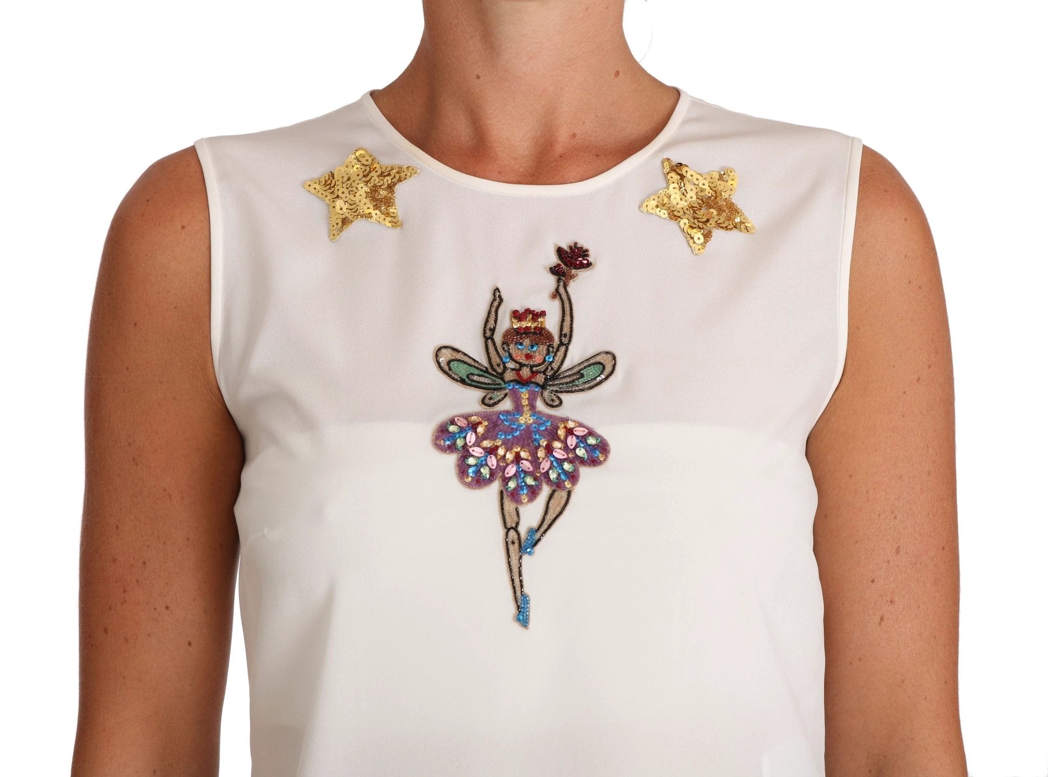 Dolce & Gabbana White Silk Embellished Crystal Sequin Fairy Top by Dolce & Gabbana