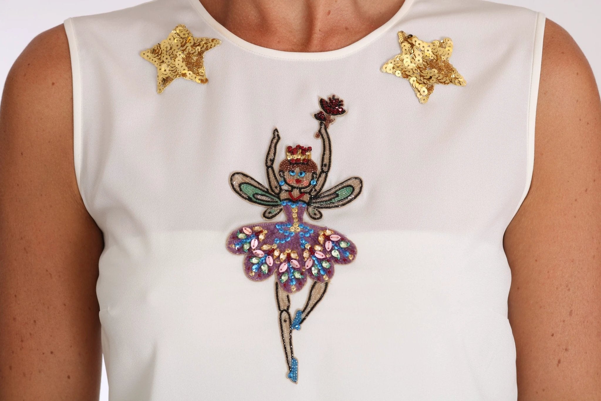 Dolce & Gabbana White Silk Embellished Crystal Sequin Fairy Top by Dolce & Gabbana