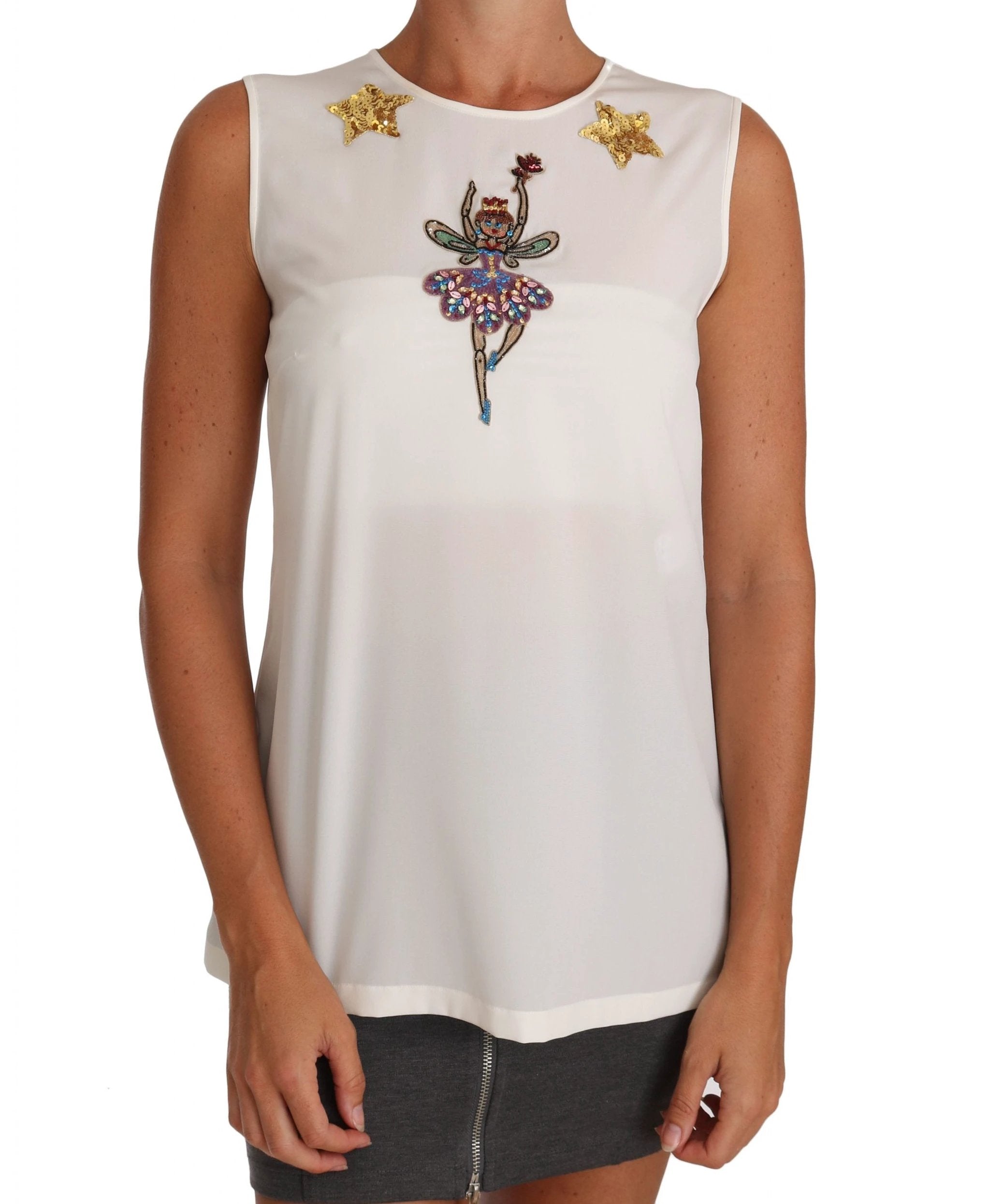 Dolce & Gabbana White Silk Embellished Crystal Sequin Fairy Top by Dolce & Gabbana