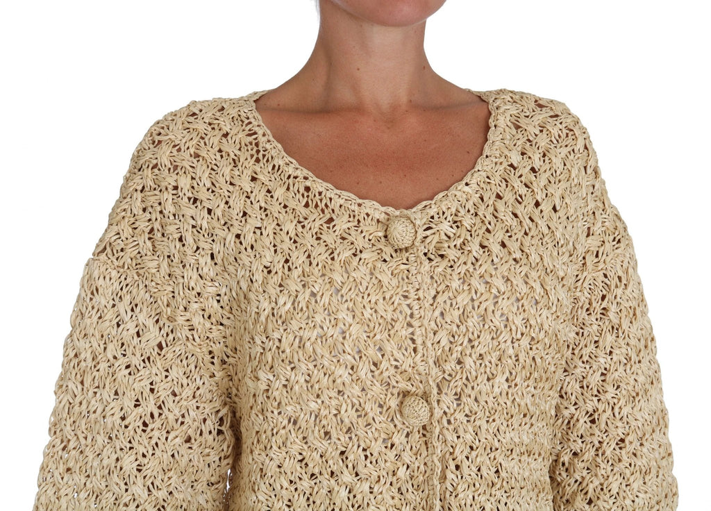 Dolce & Gabbana Beige Cardigan Crochet Knitted Raffia Sweater by Dolce & Gabbana