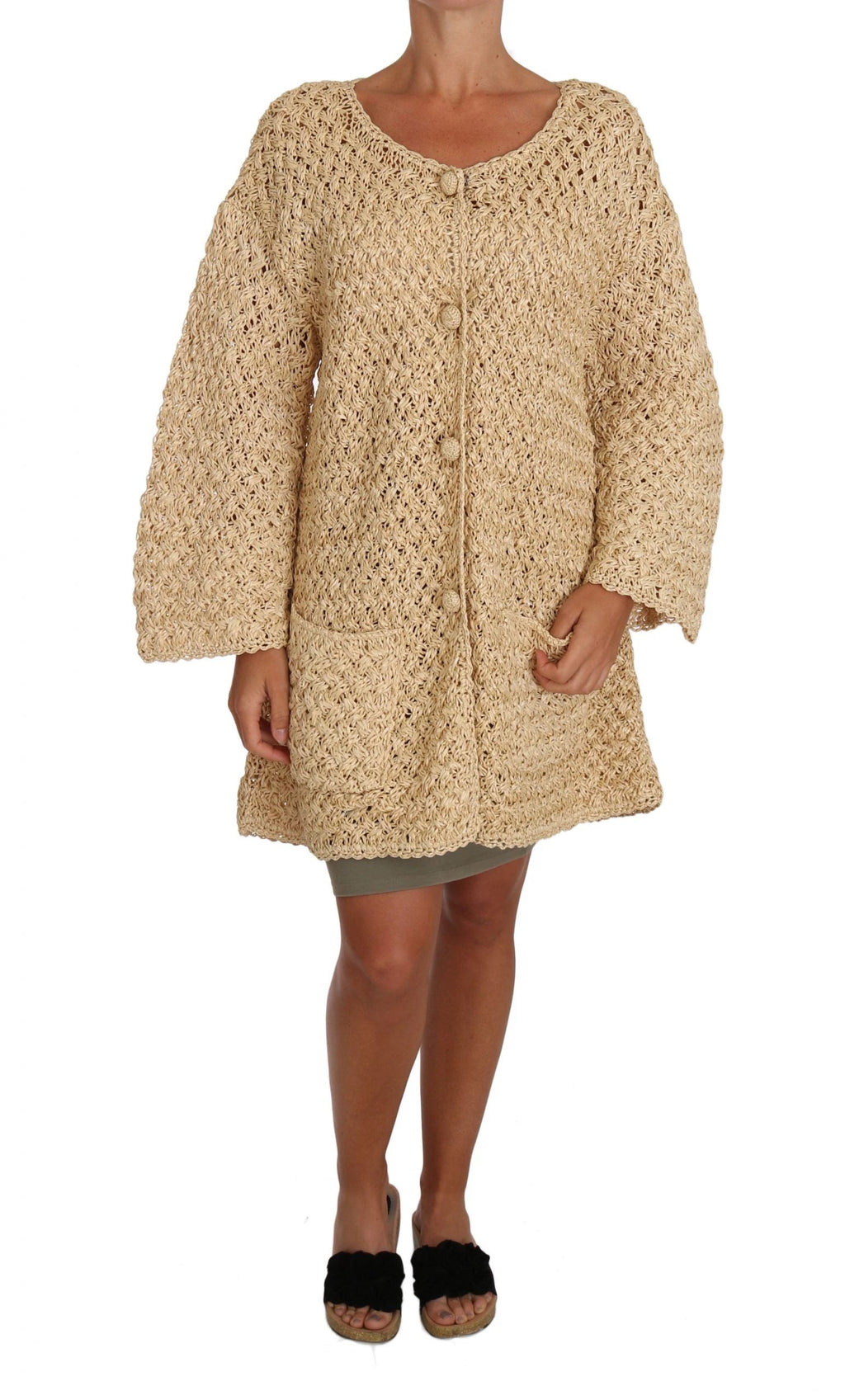 Dolce & Gabbana Beige Cardigan Crochet Knitted Raffia Sweater by Dolce & Gabbana