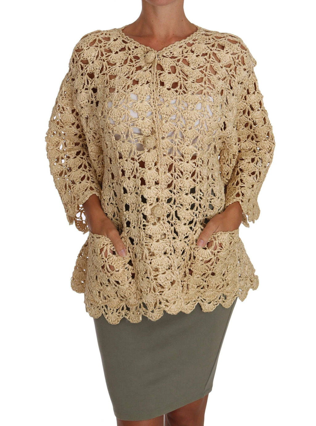 Dolce & Gabbana Beige Cardigan Crochet Knitted Raffia Sweater by Dolce & Gabbana