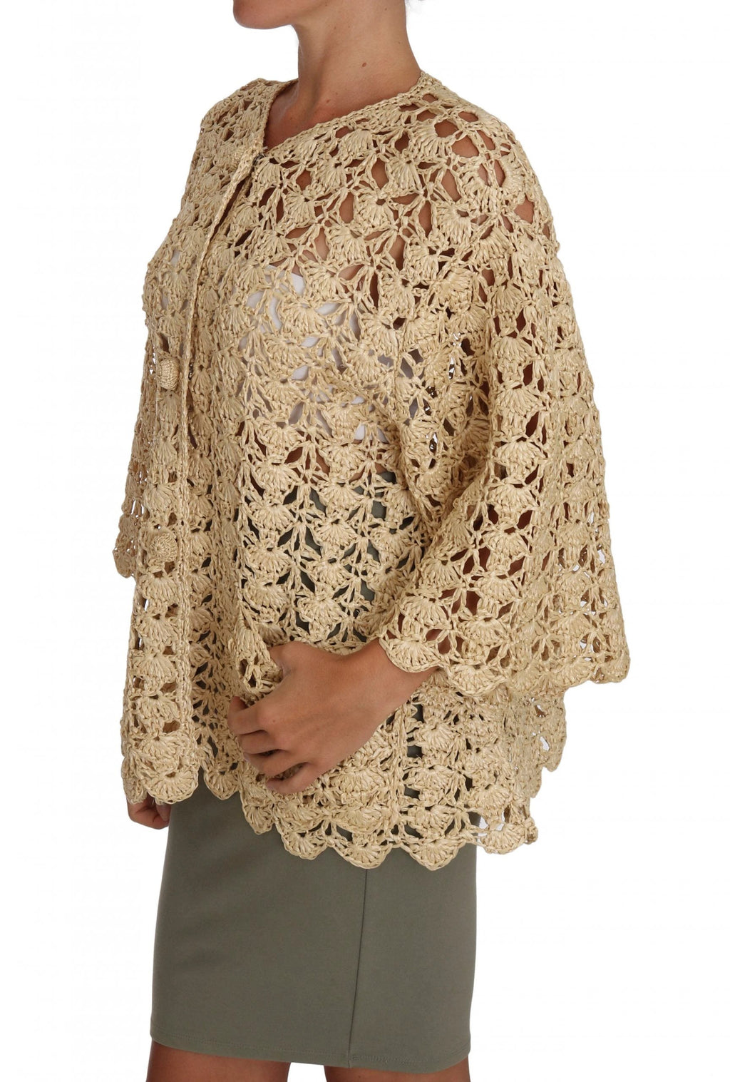 Dolce & Gabbana Beige Cardigan Crochet Knitted Raffia Sweater by Dolce & Gabbana